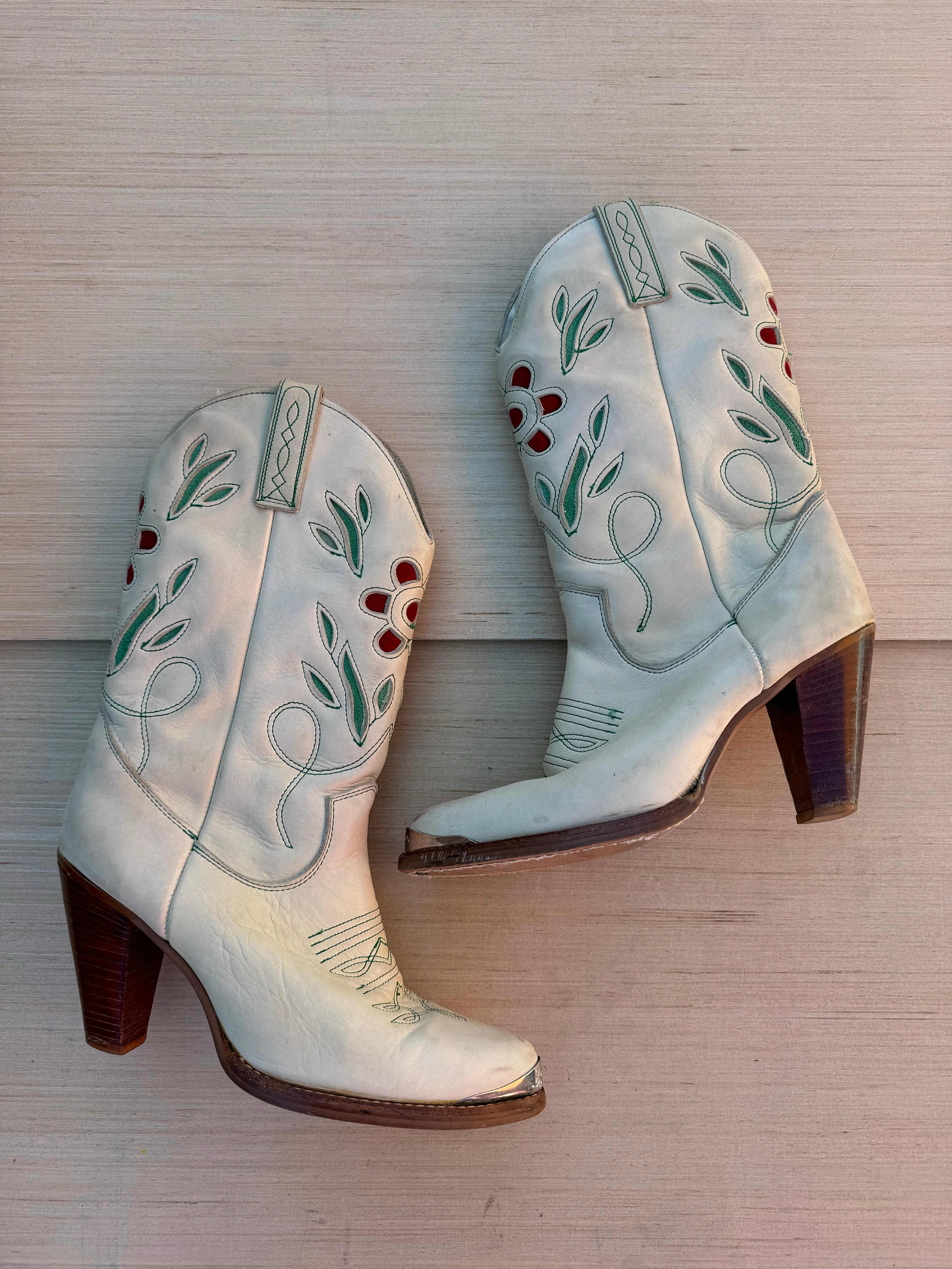 tan zodiac floral heeled cowboy boots, 9.5