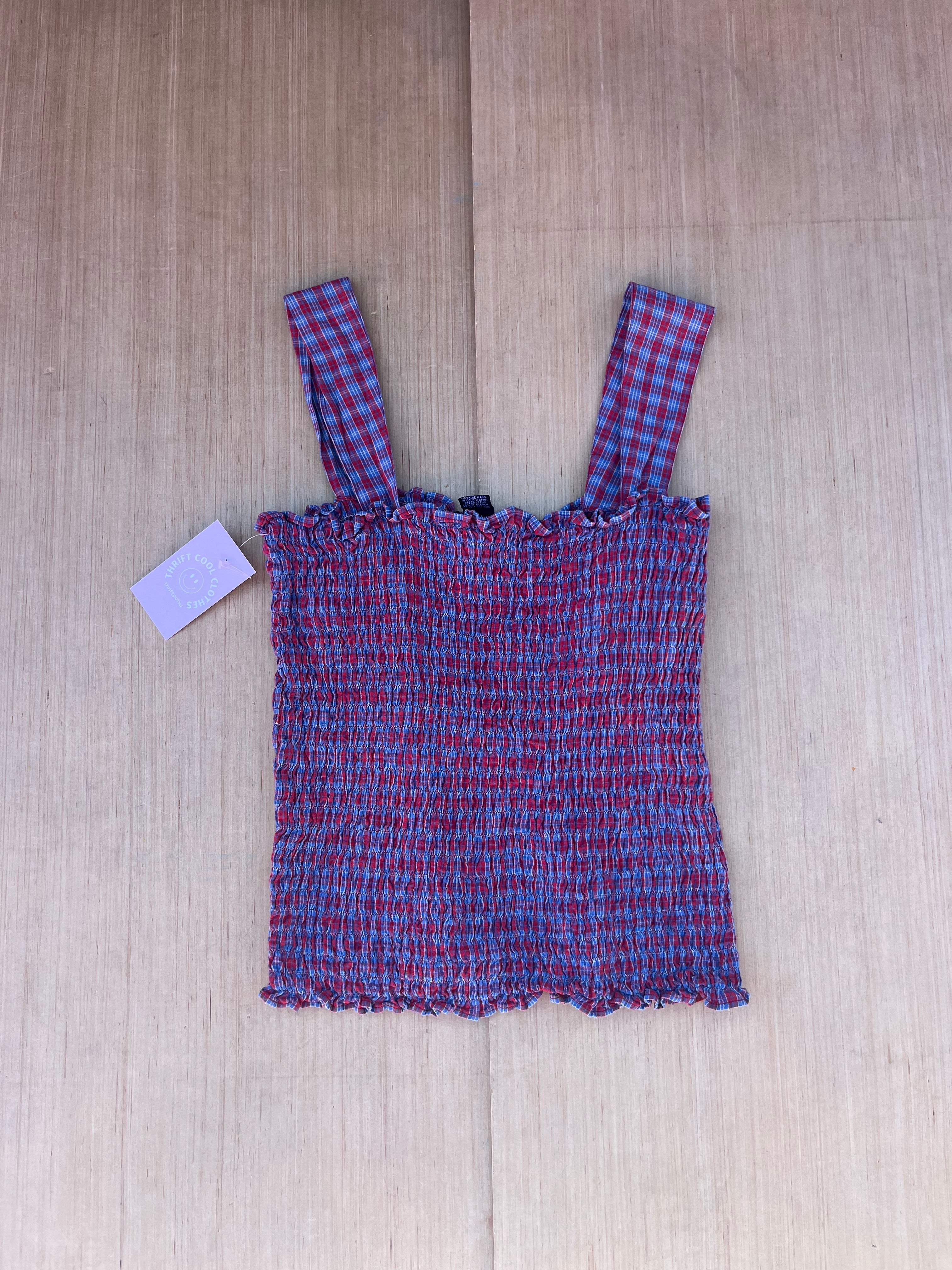 BLUE RED deranged smocked plaid top, 2x