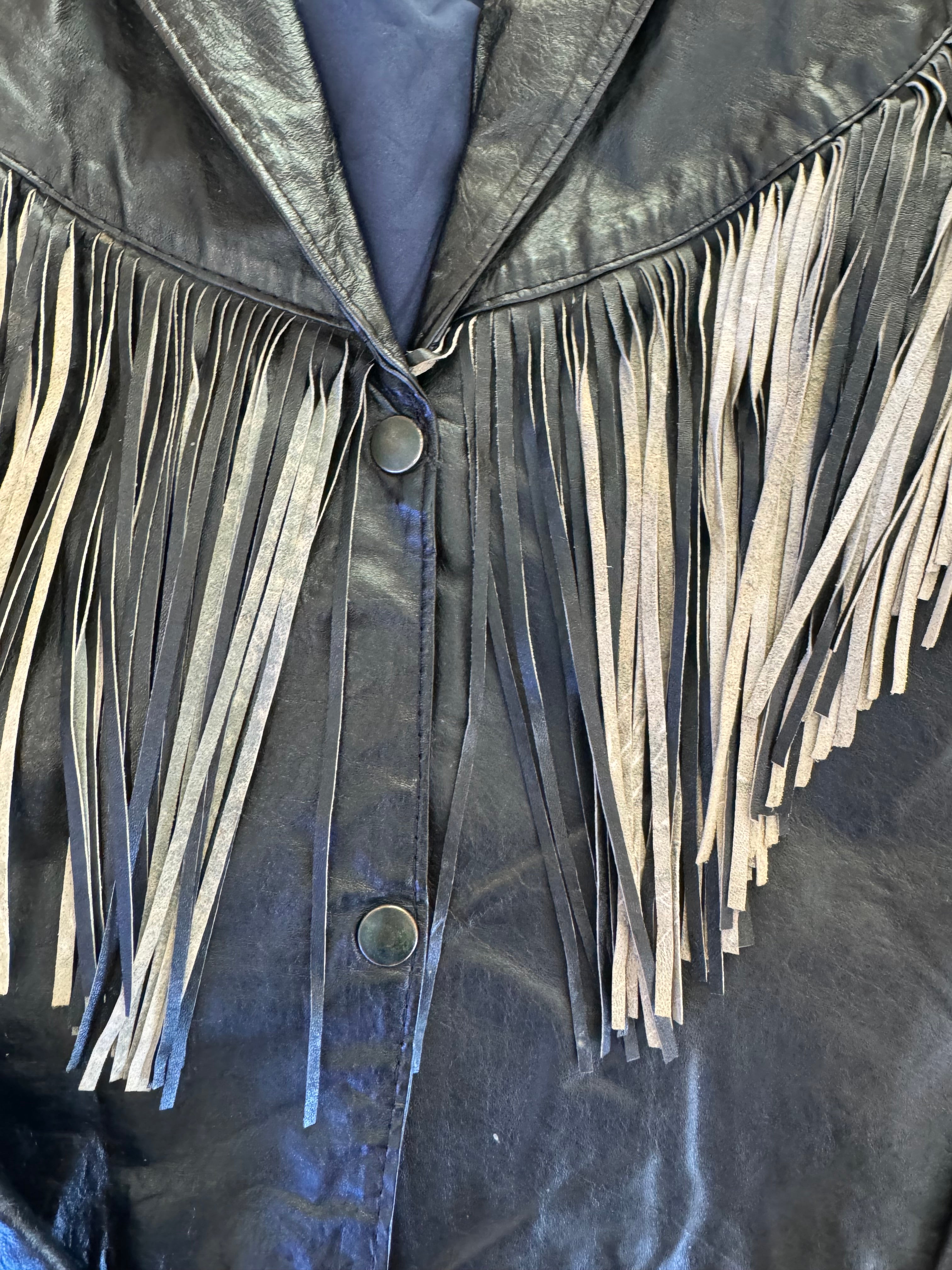 black  fringe leather jacket, s