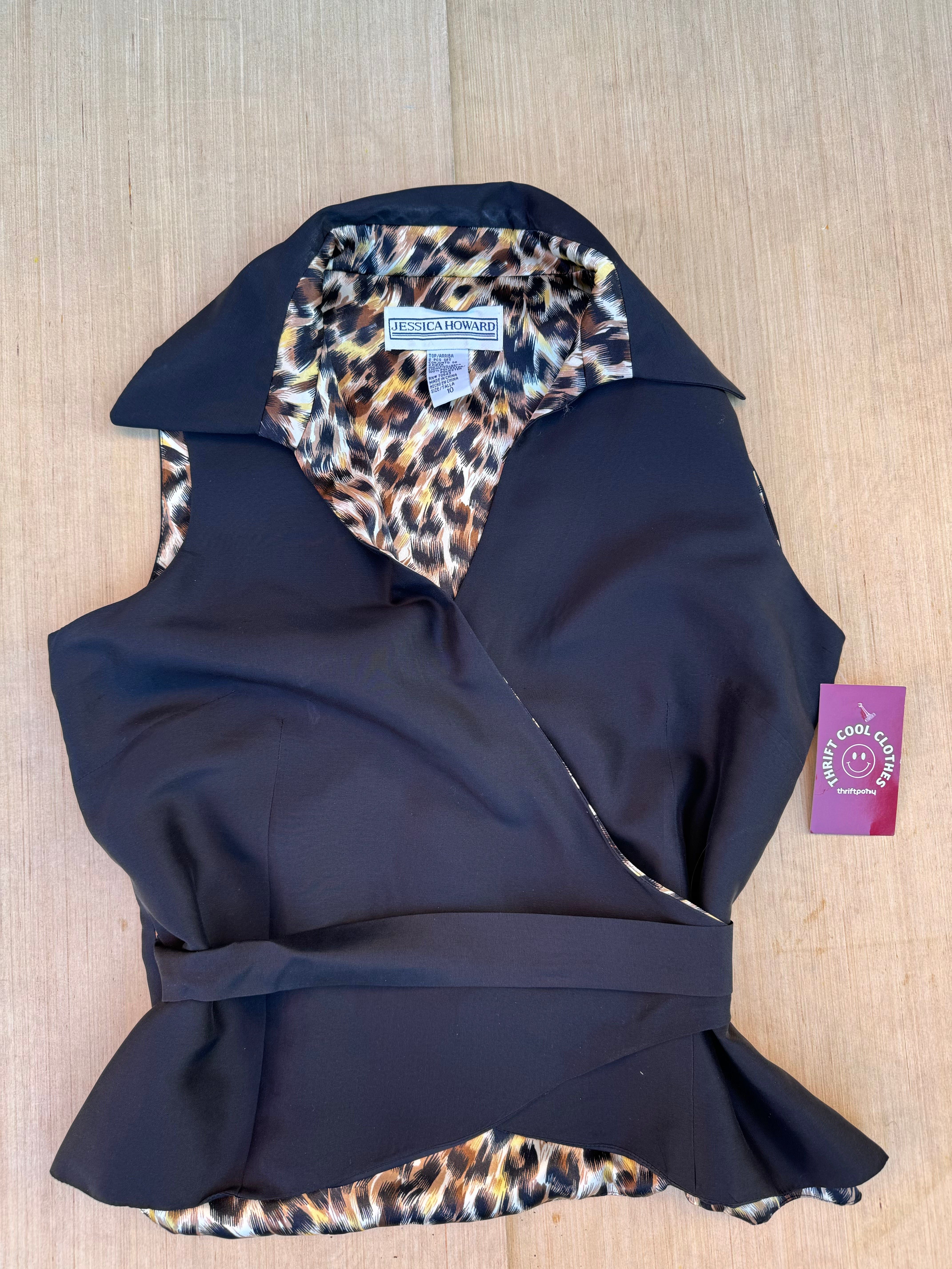 black brown jessica howard wrap vest w tie and cheetah details, 10