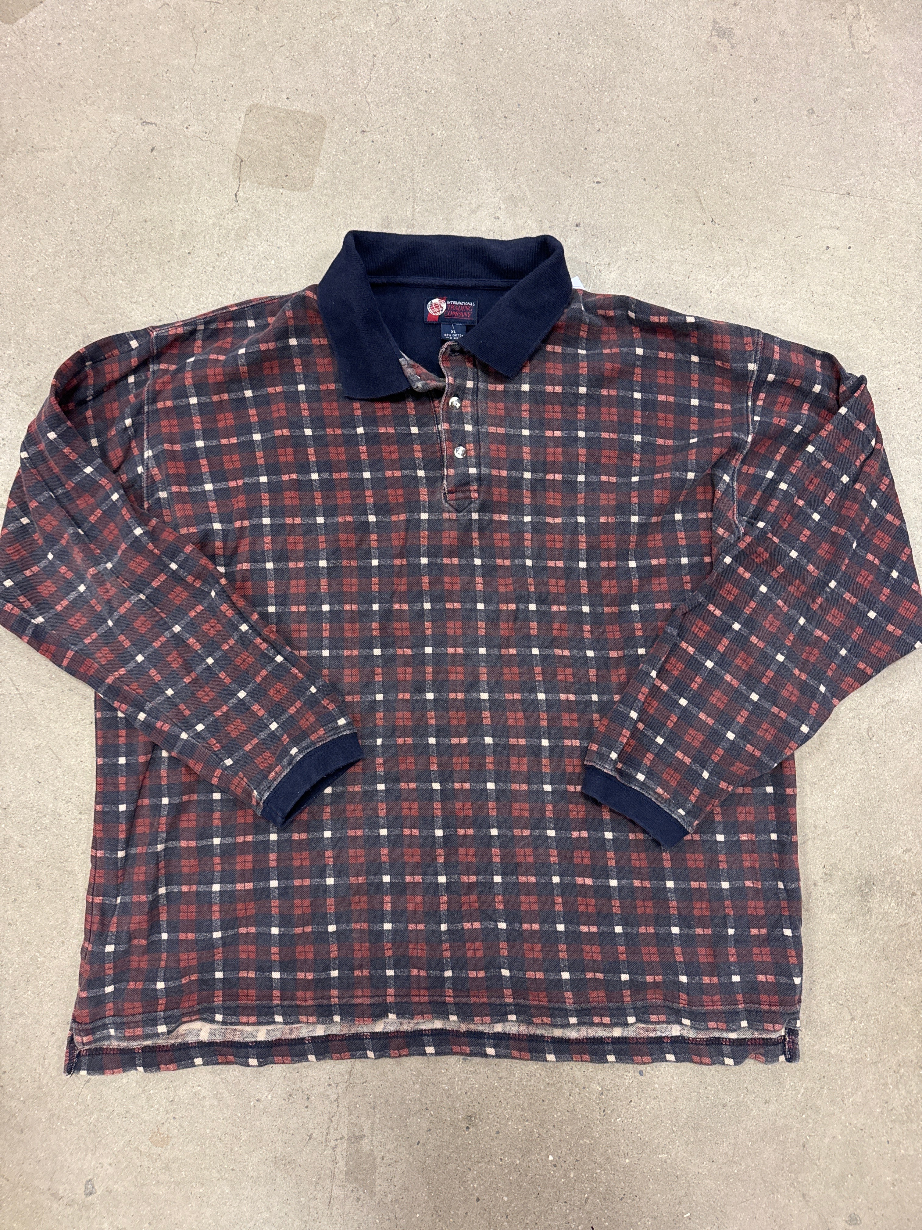 Navy brown International trading company Plaid ls polo, Xl