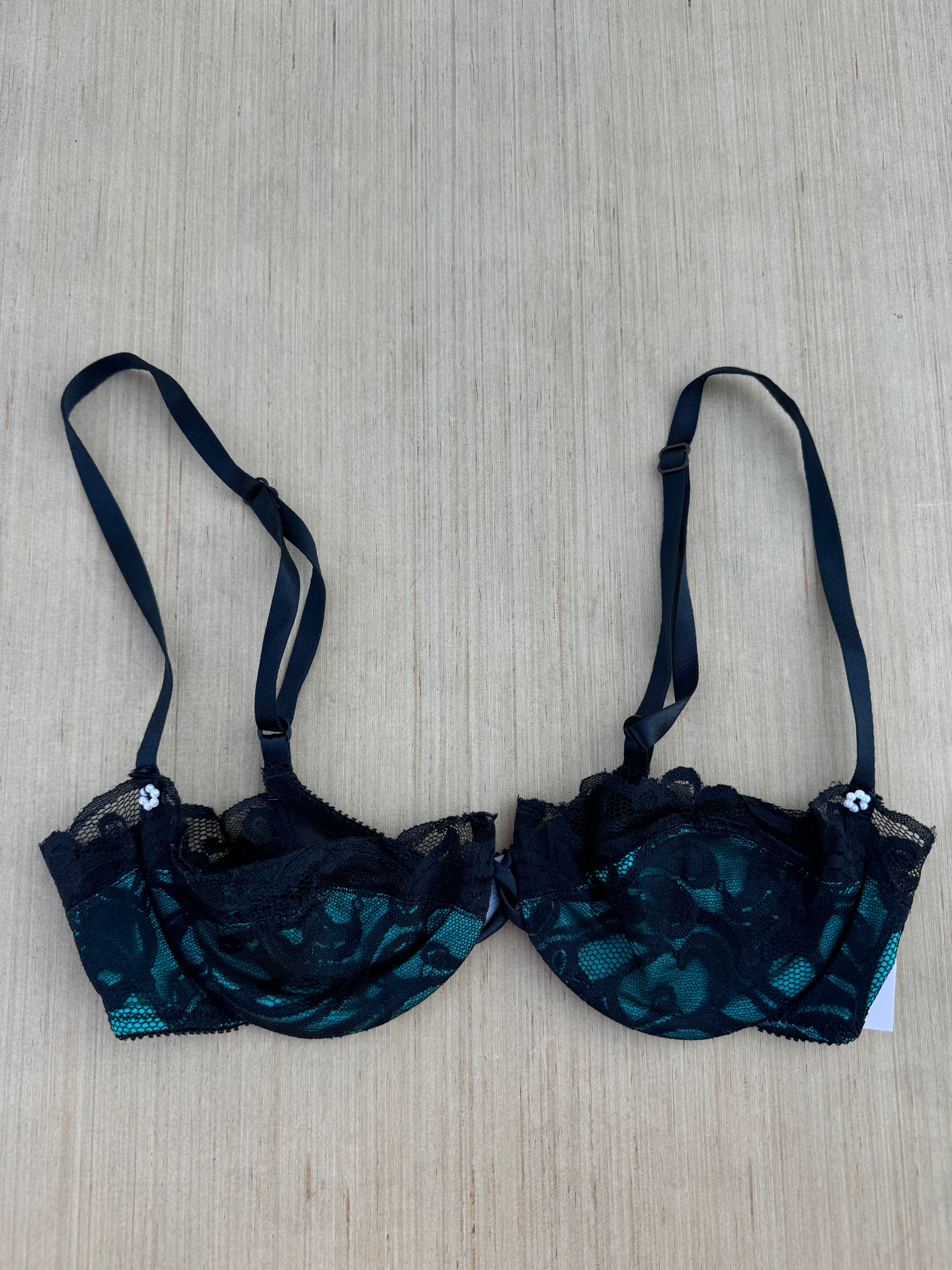 Teal black lily of france Teeny lacy bra, Xs