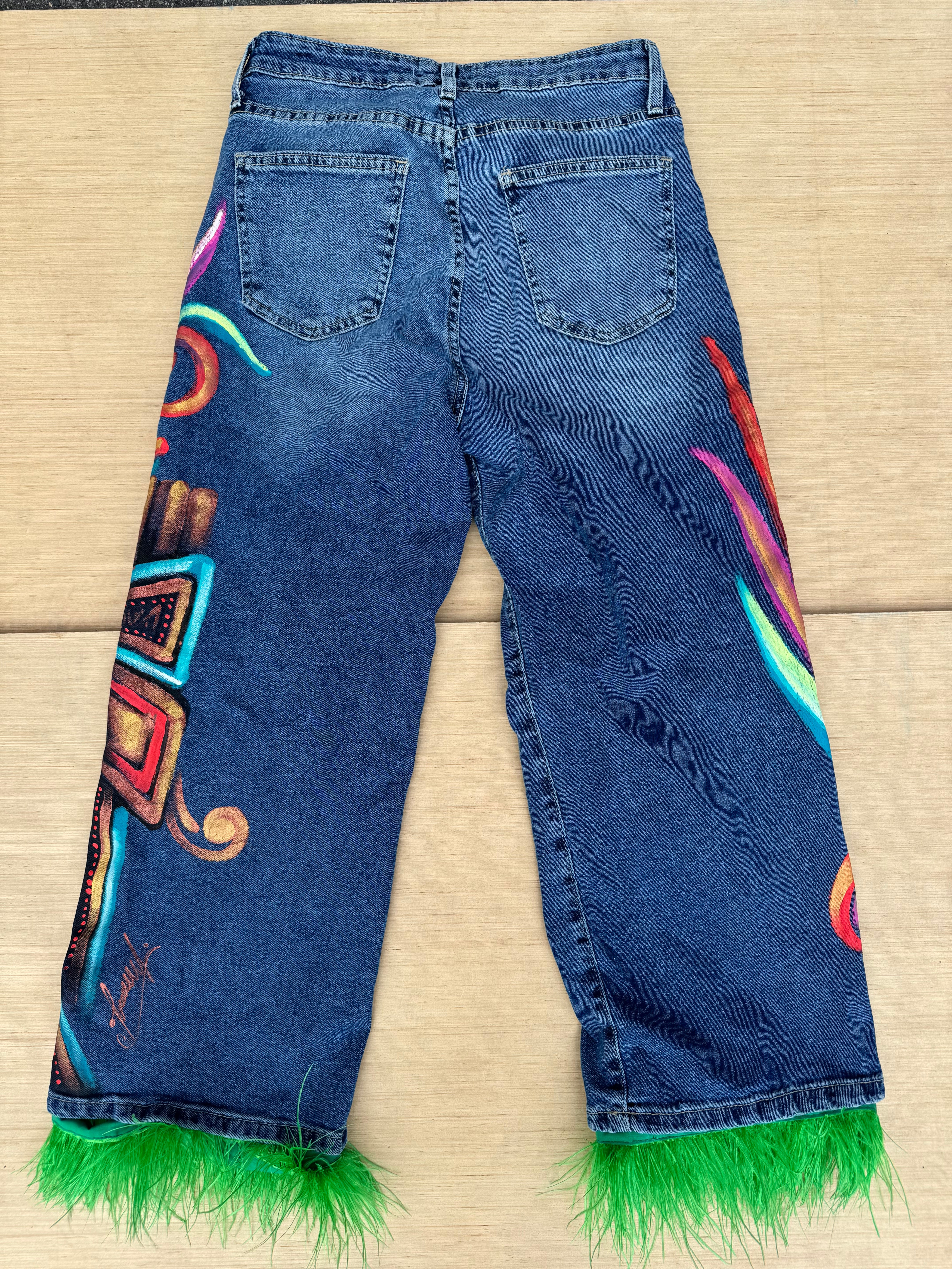 Blue  Hand painted made in Mexico fur trim jeans, 6 (fits like 8)