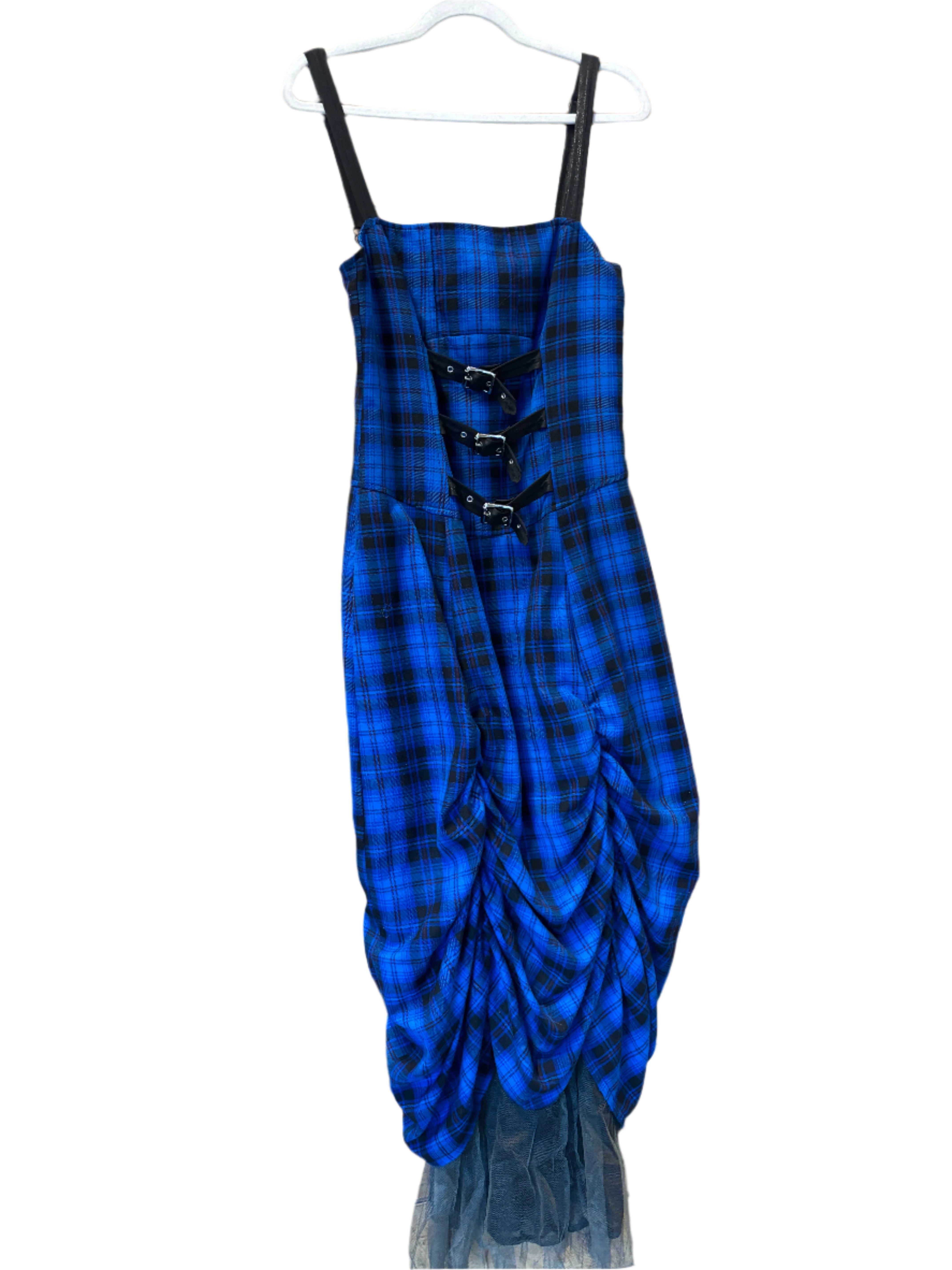 blue black lipservice plaid ruch mesh dress, s