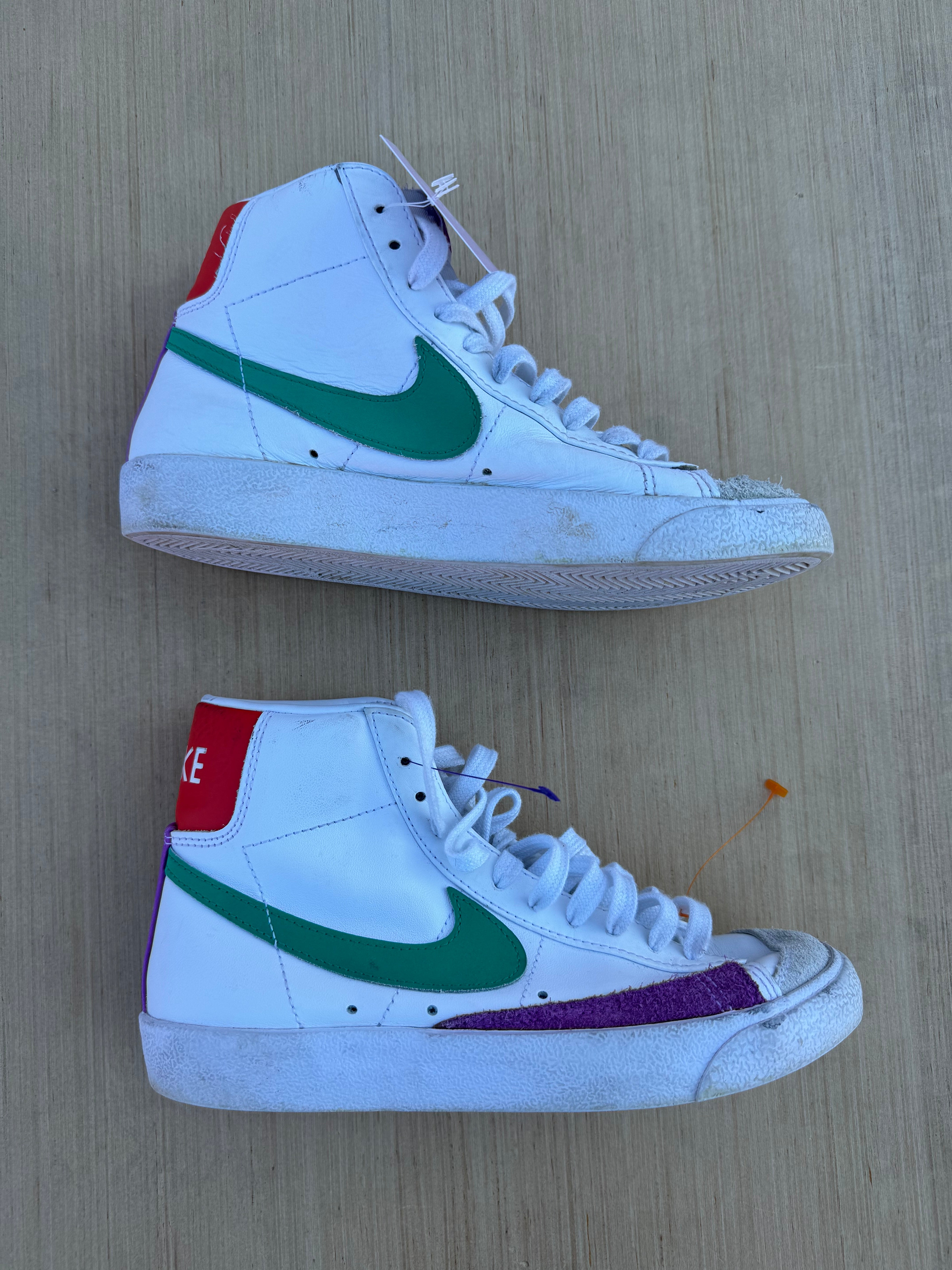 White purple green Nike Blazer high tops, 6.5 womens