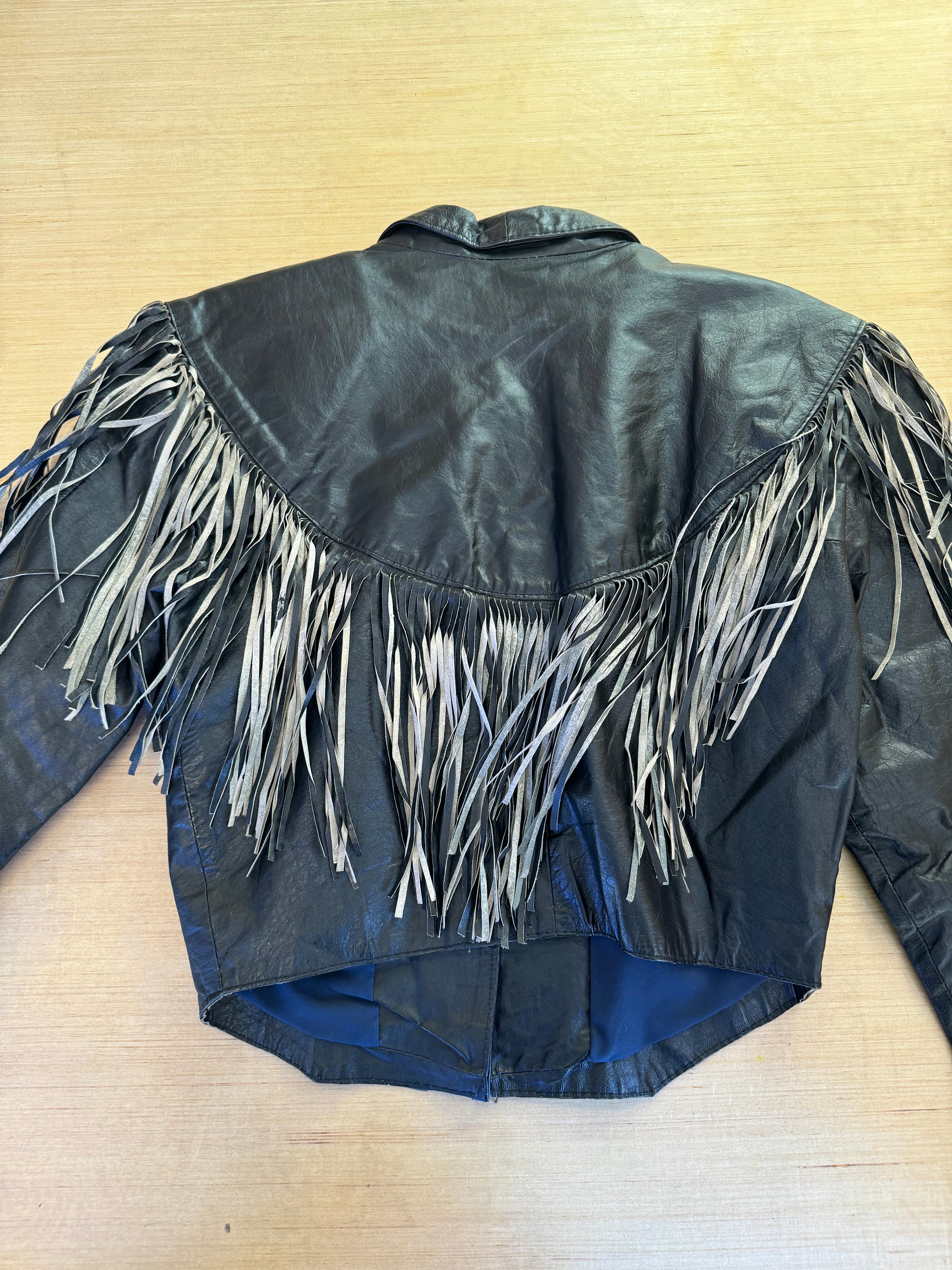 black  fringe leather jacket, s