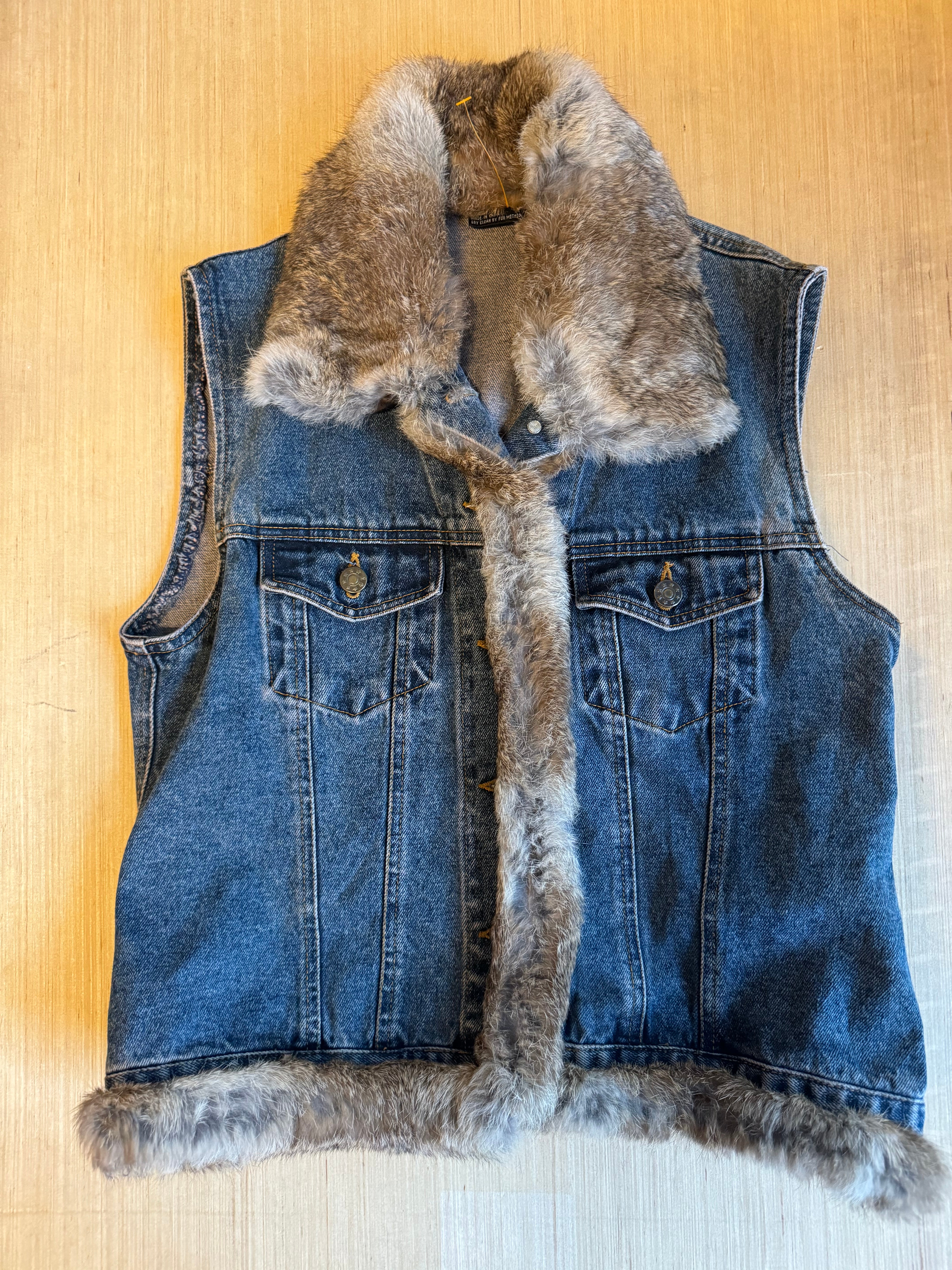 Blue  Vtg denim rabbit fur trim vest, M