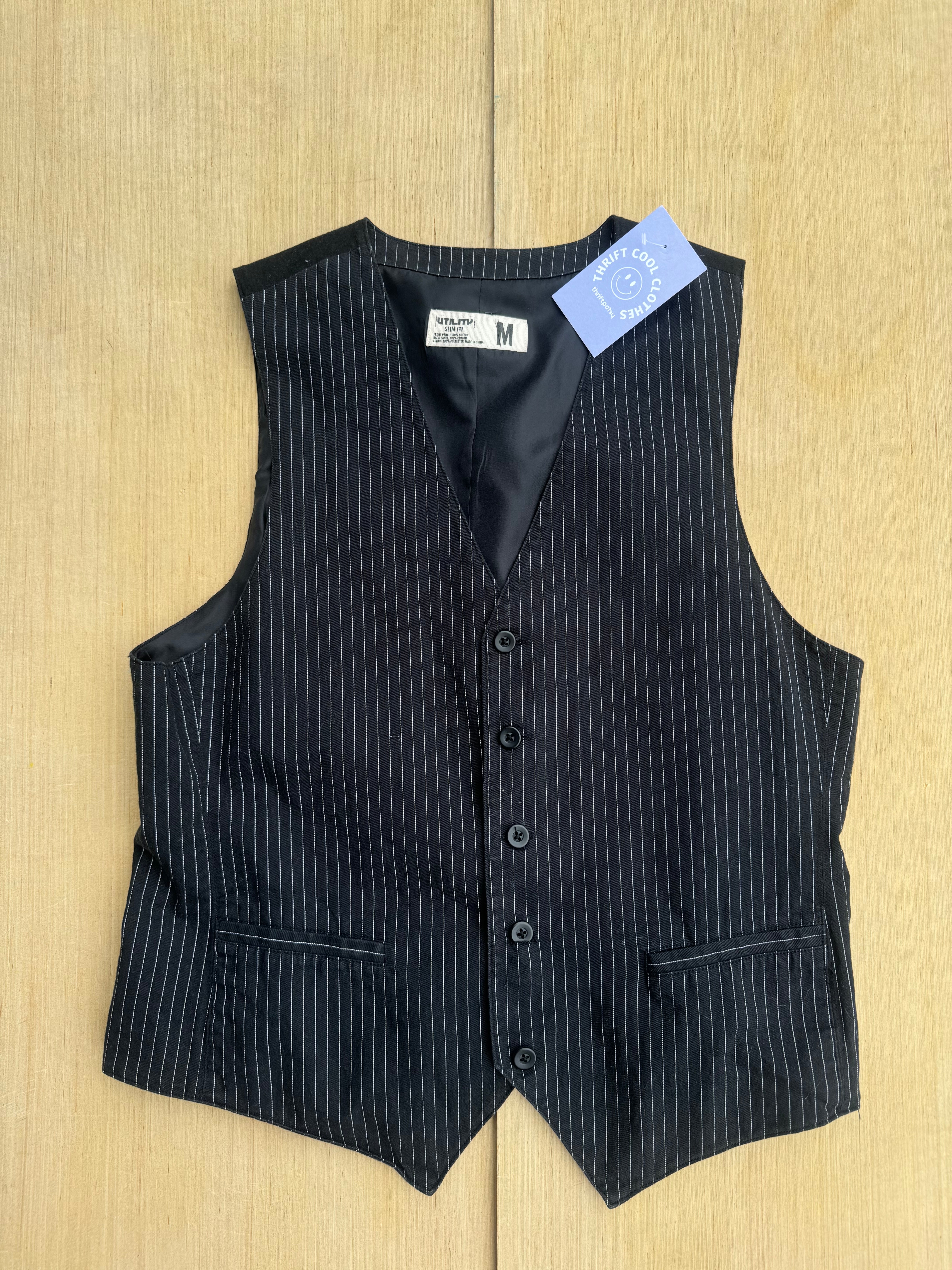 black white utility pinstripe vest, m