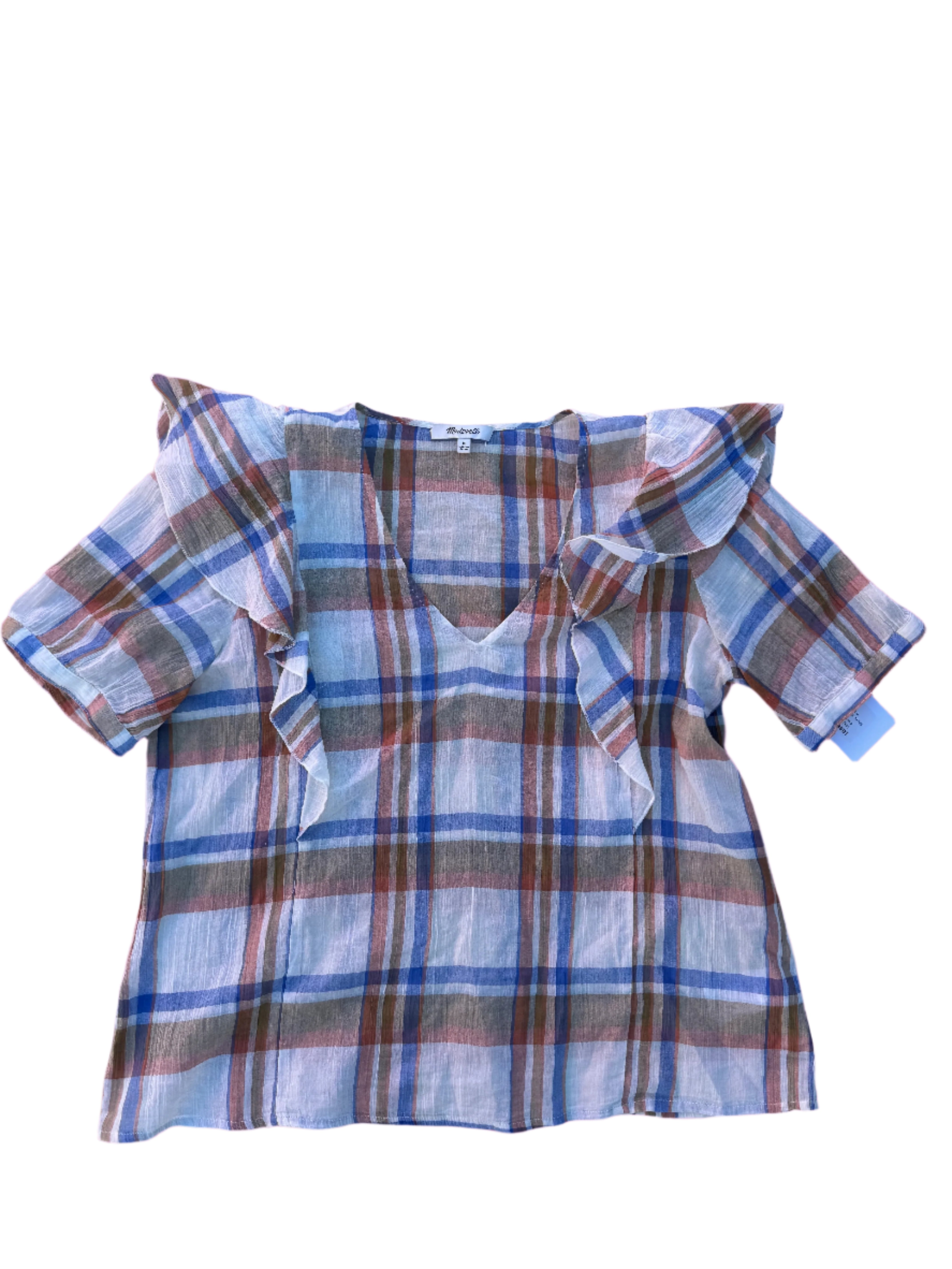 Brown blue Madewell Sheer plaid blouse w ruffles, M