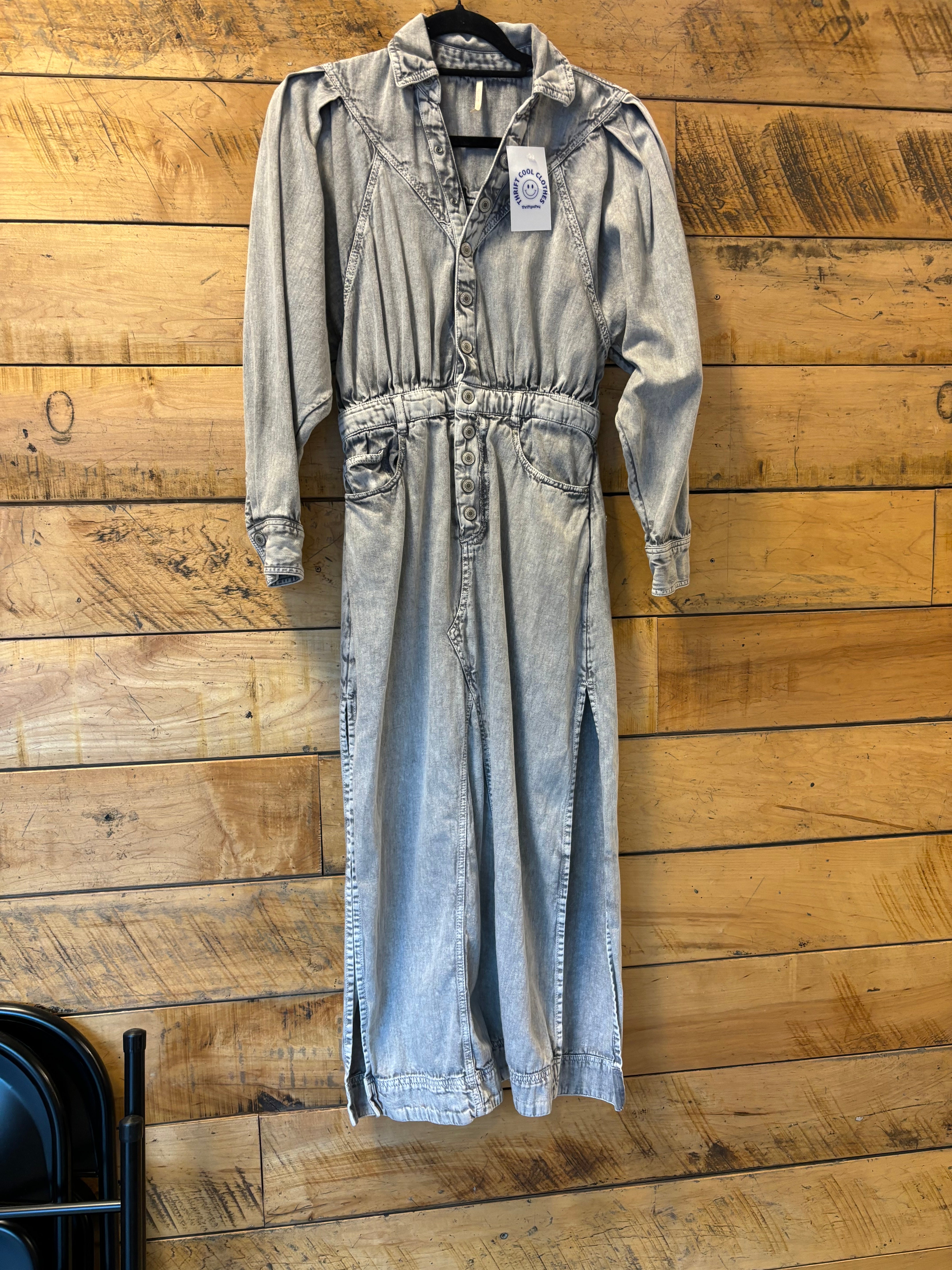 acid wash gray free people denim dress, xs