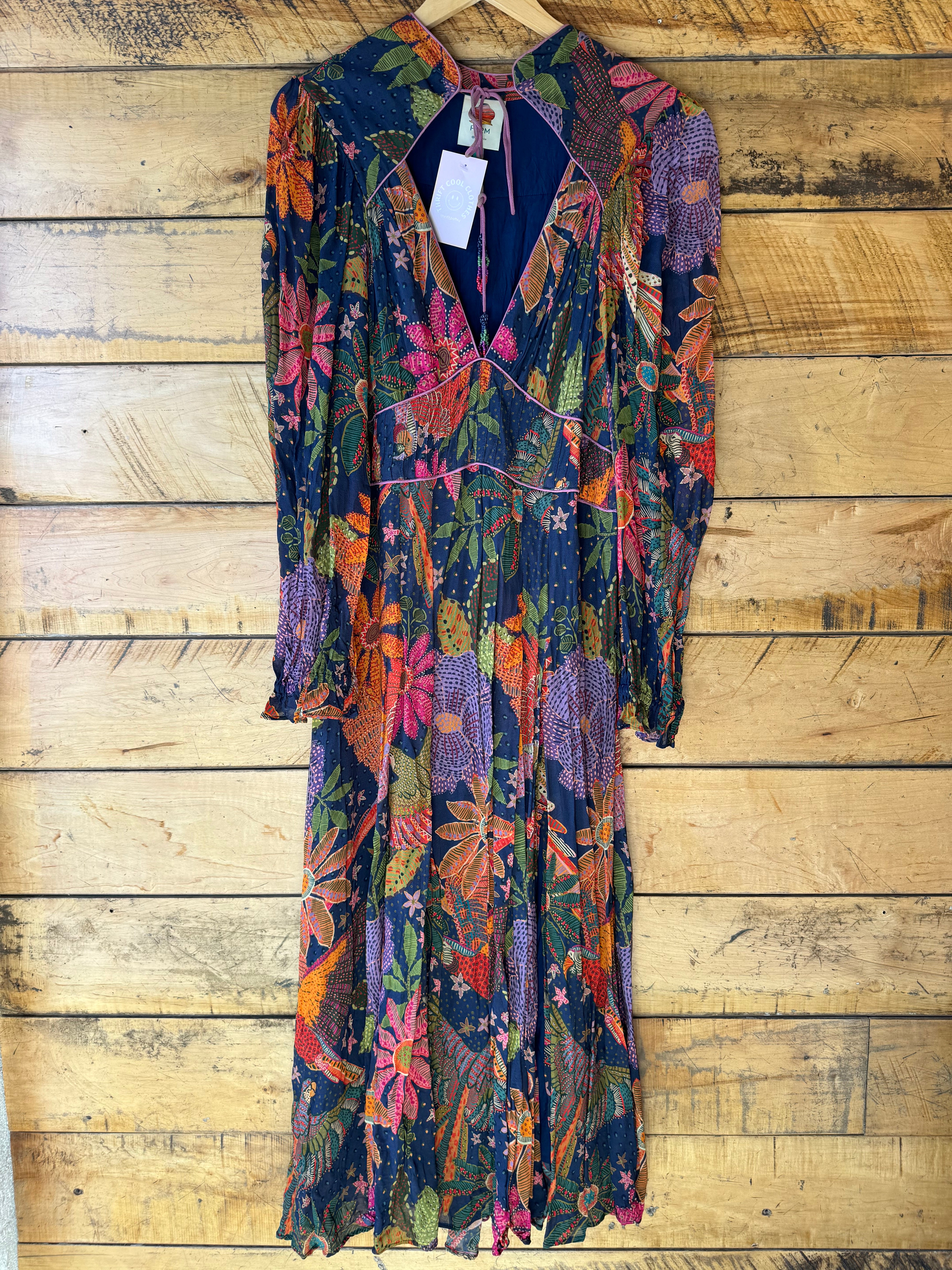 blue orange Farm Rio Floral pattern midi dress with beaded tassels, XL