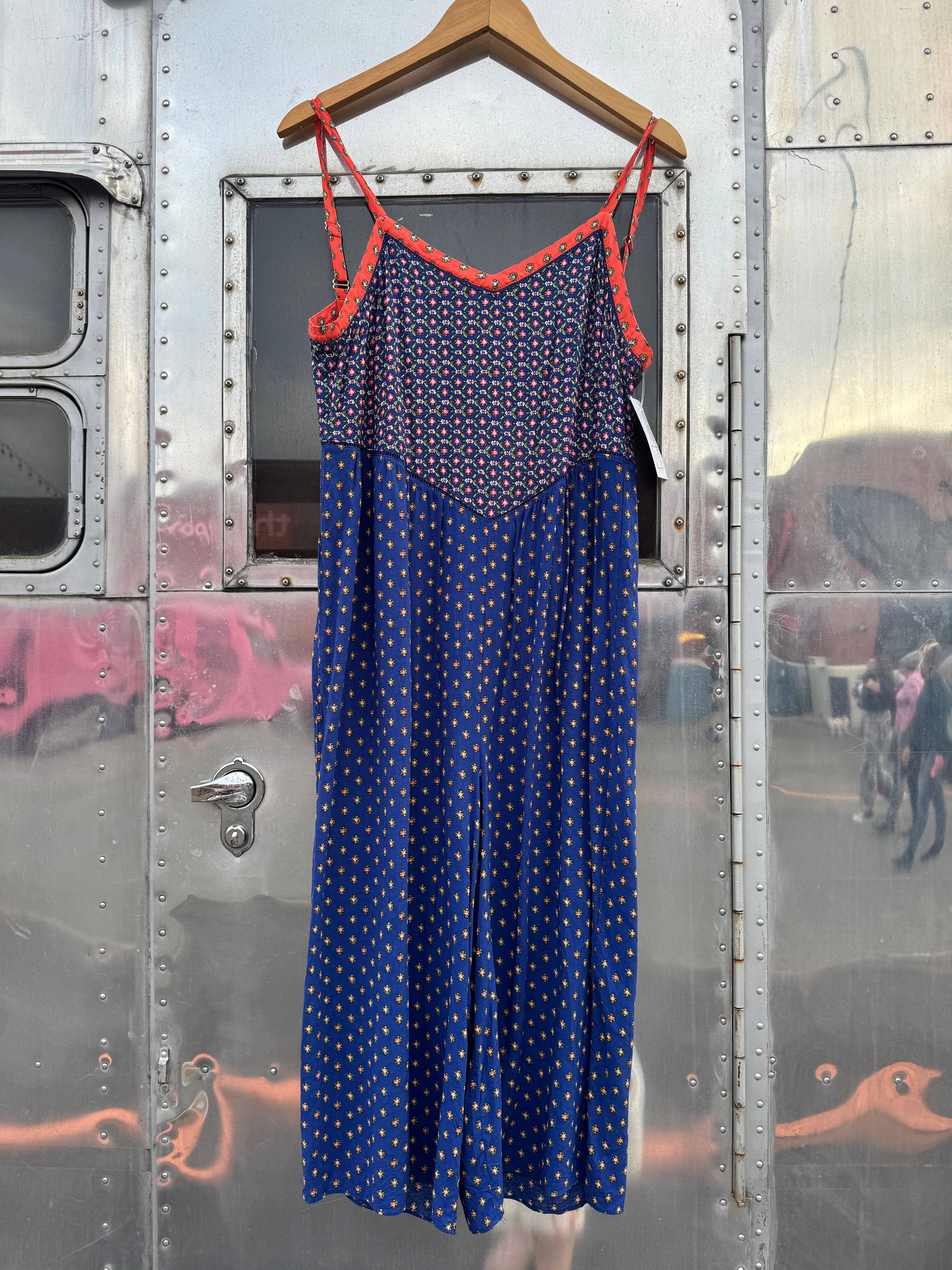 blue orange anthropologie floral jumpsuit, s