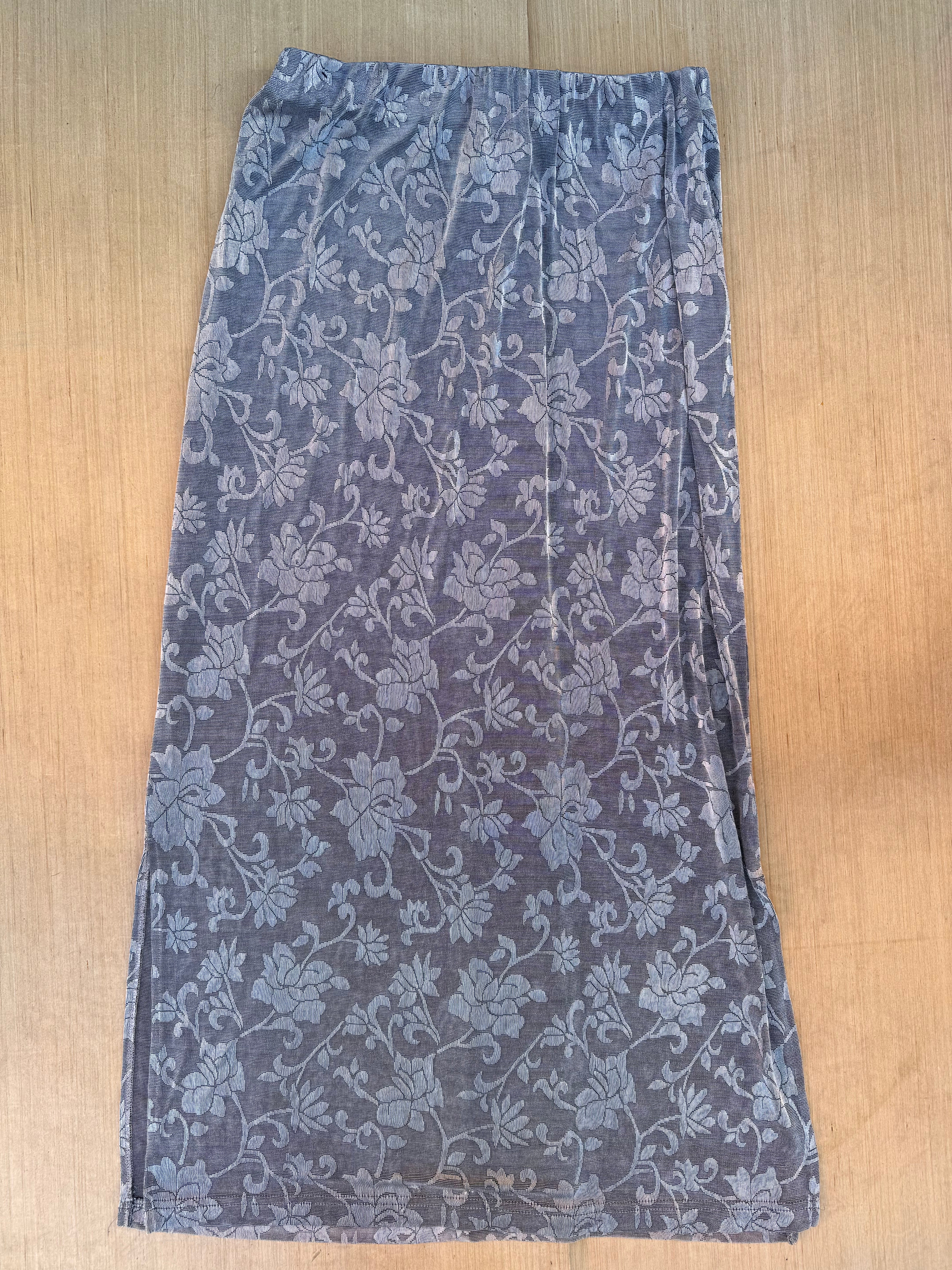 gray clio floral slinky long skirt, m