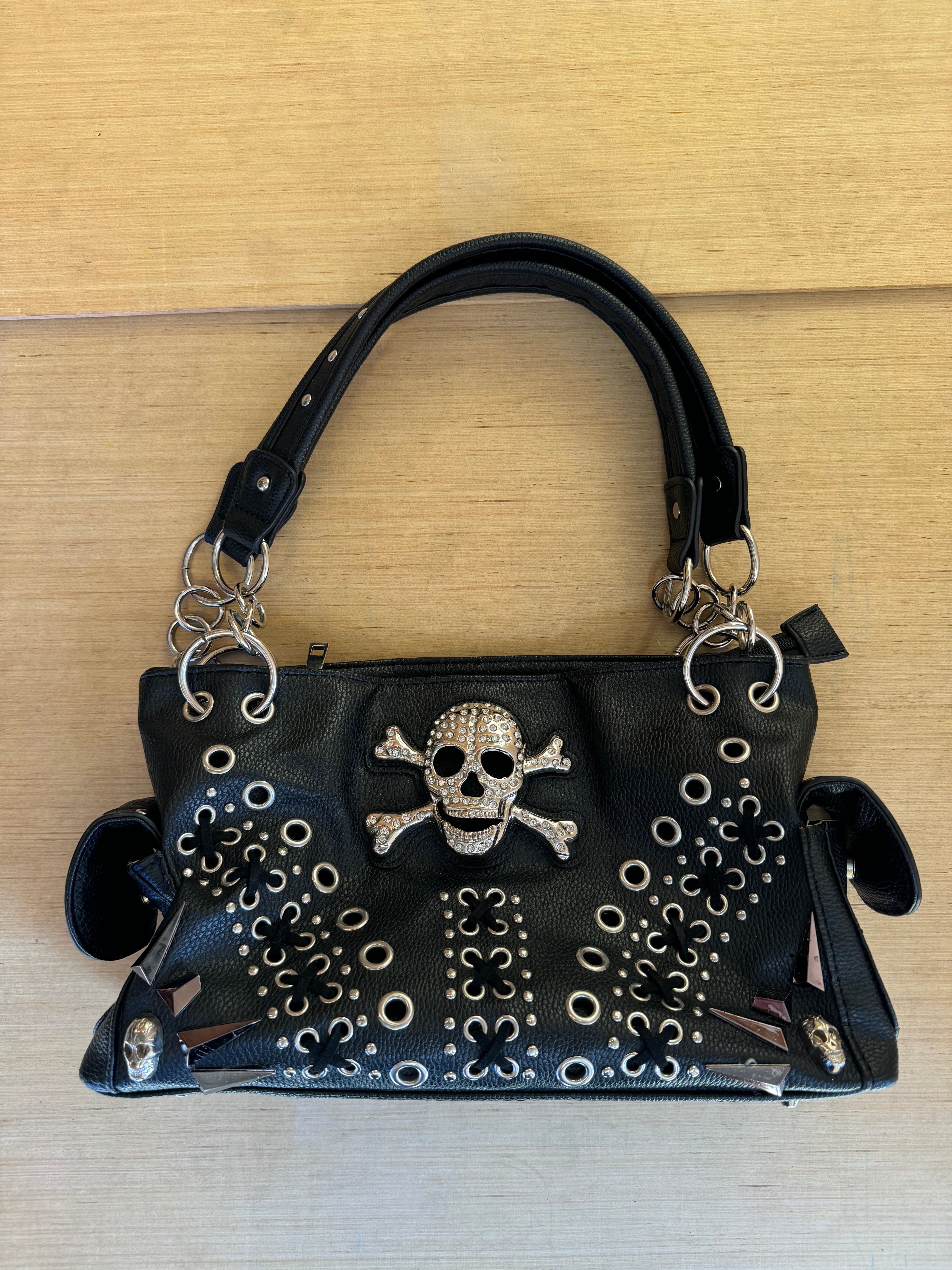 Genuine leather black  skull bedazzled bag