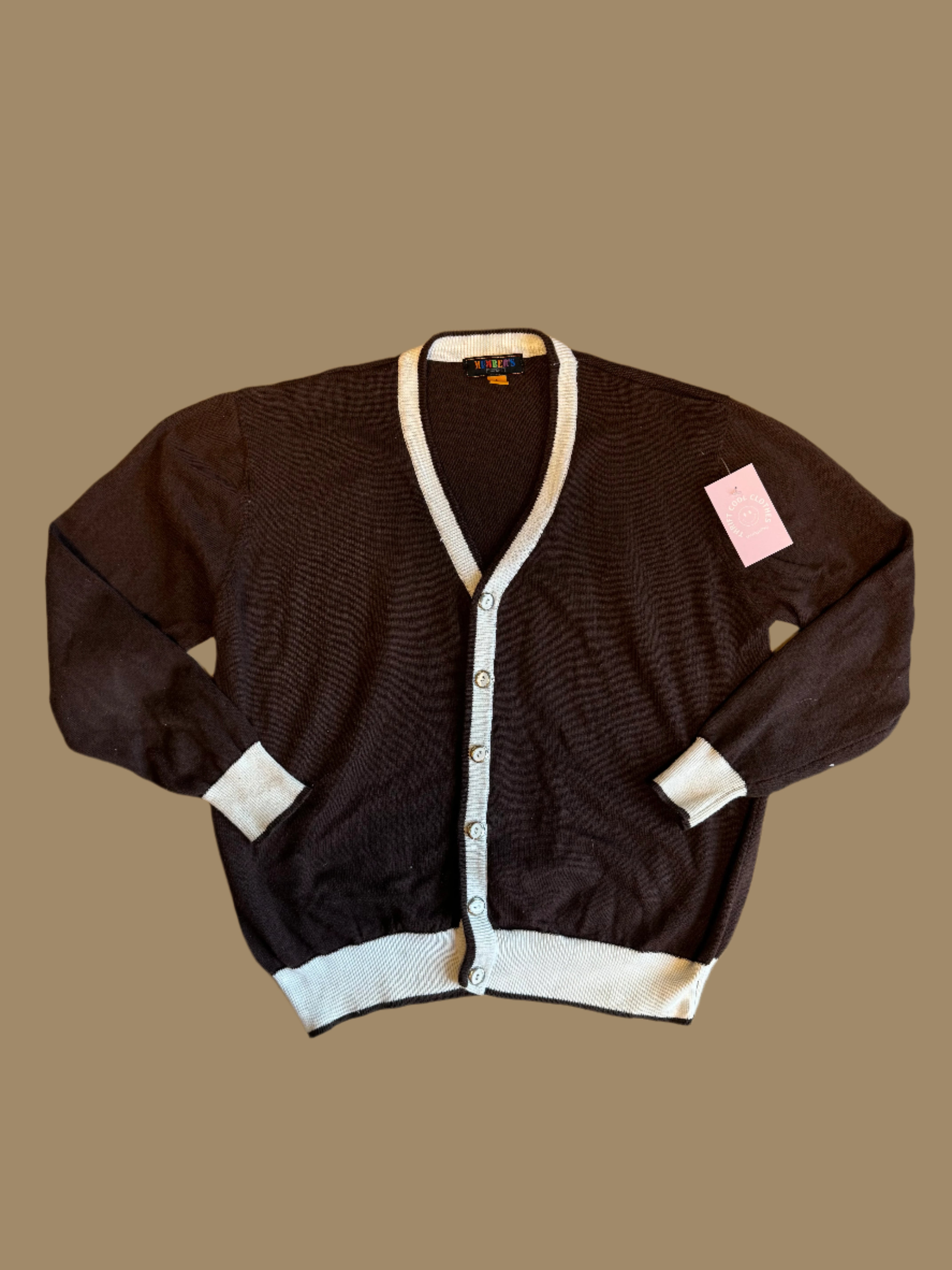 brown white members property cardigan, L