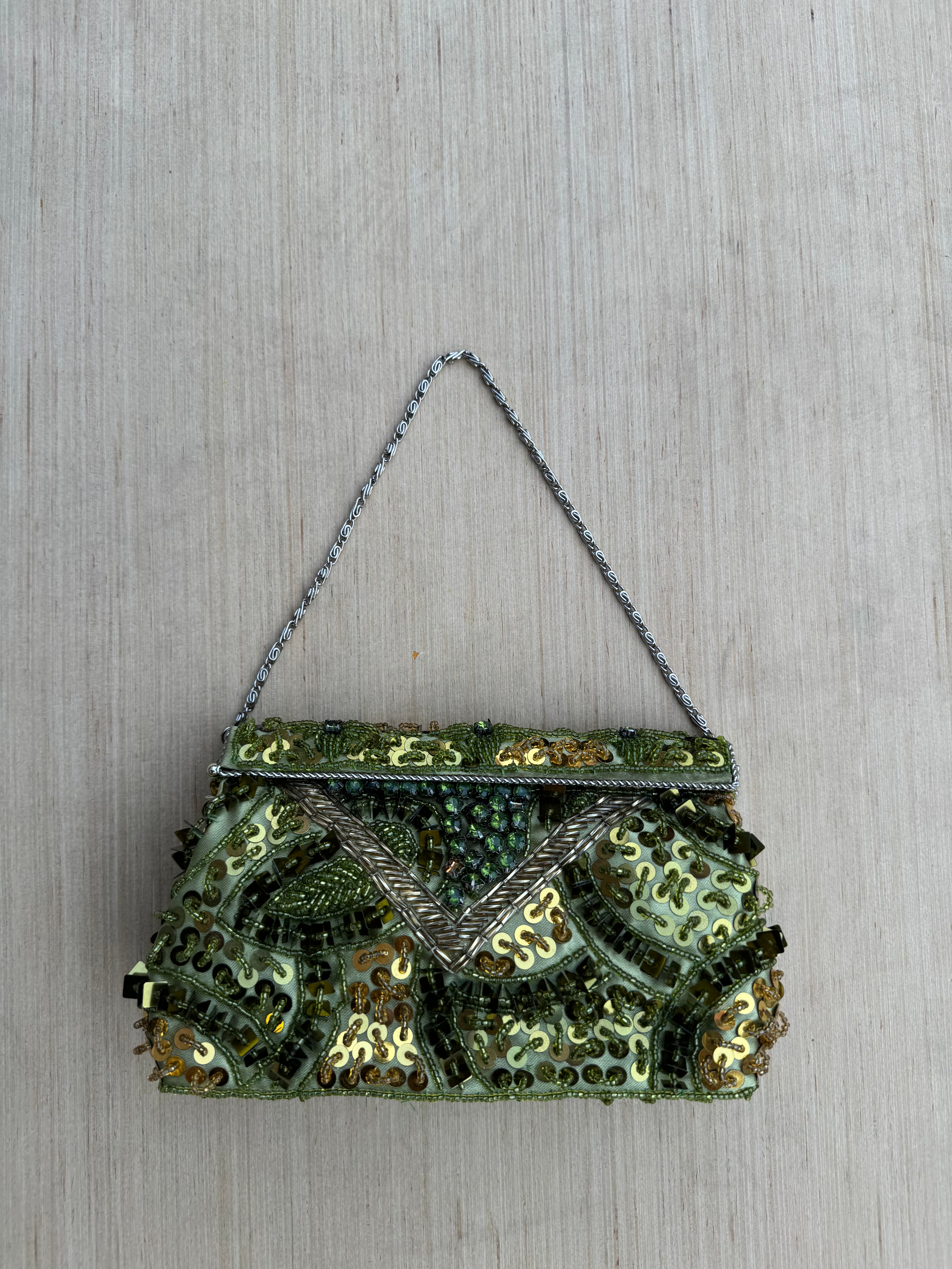 green  sequin beaded purse