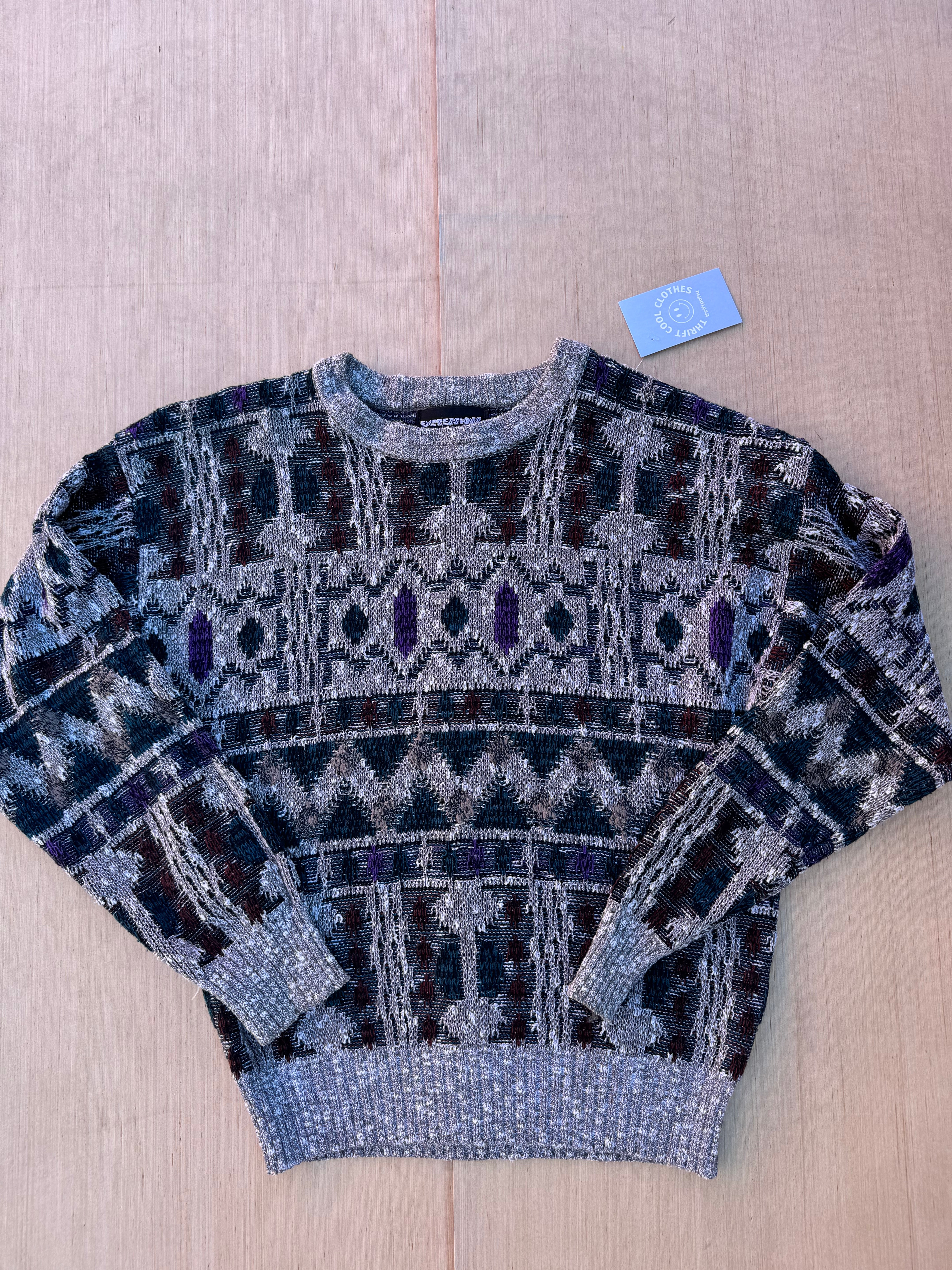 grey multi expressions patterned vtg sweater, m