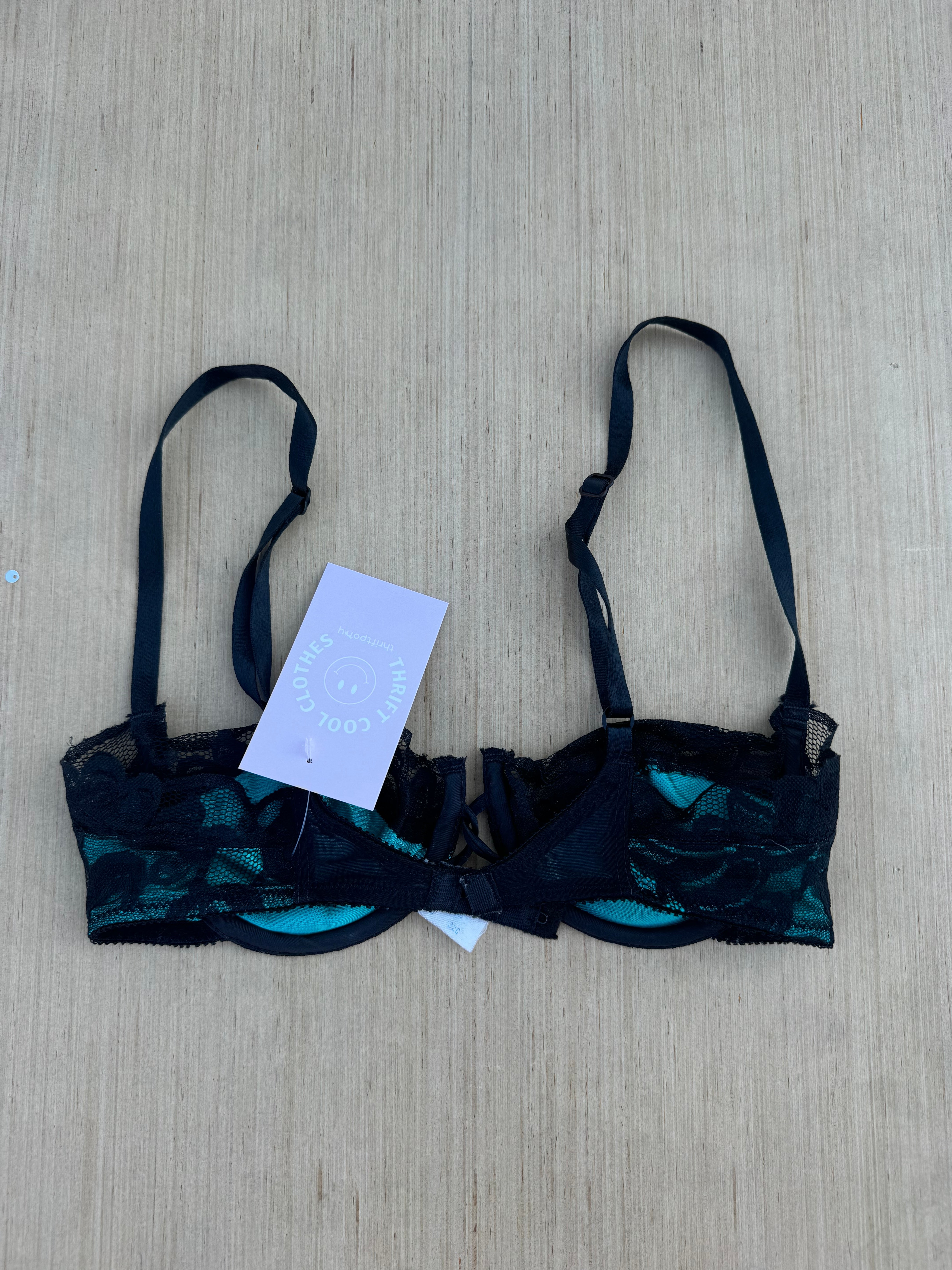 Teal black lily of france Teeny lacy bra, Xs