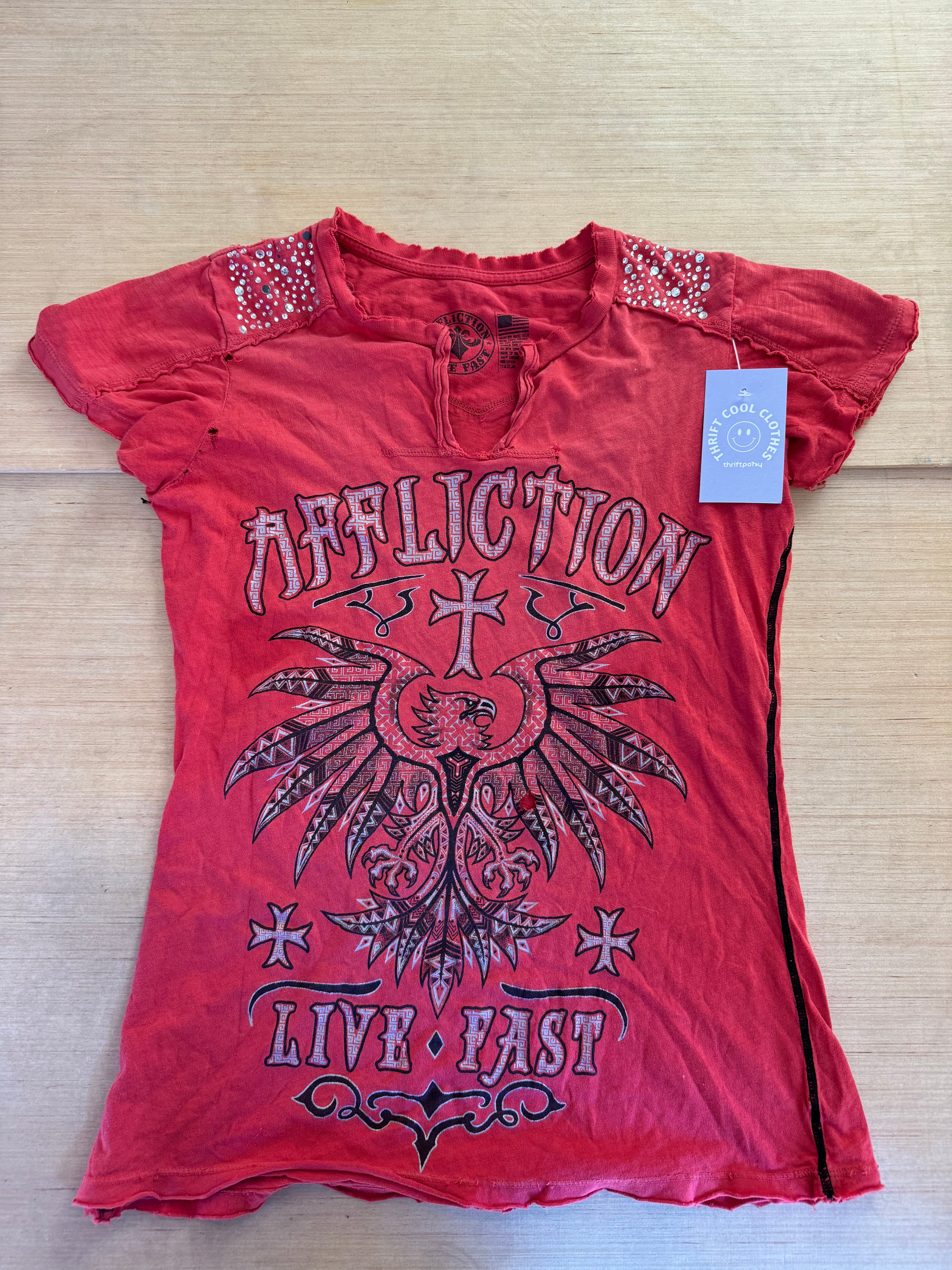 red affliction branded top w bedazzled shoulders, s