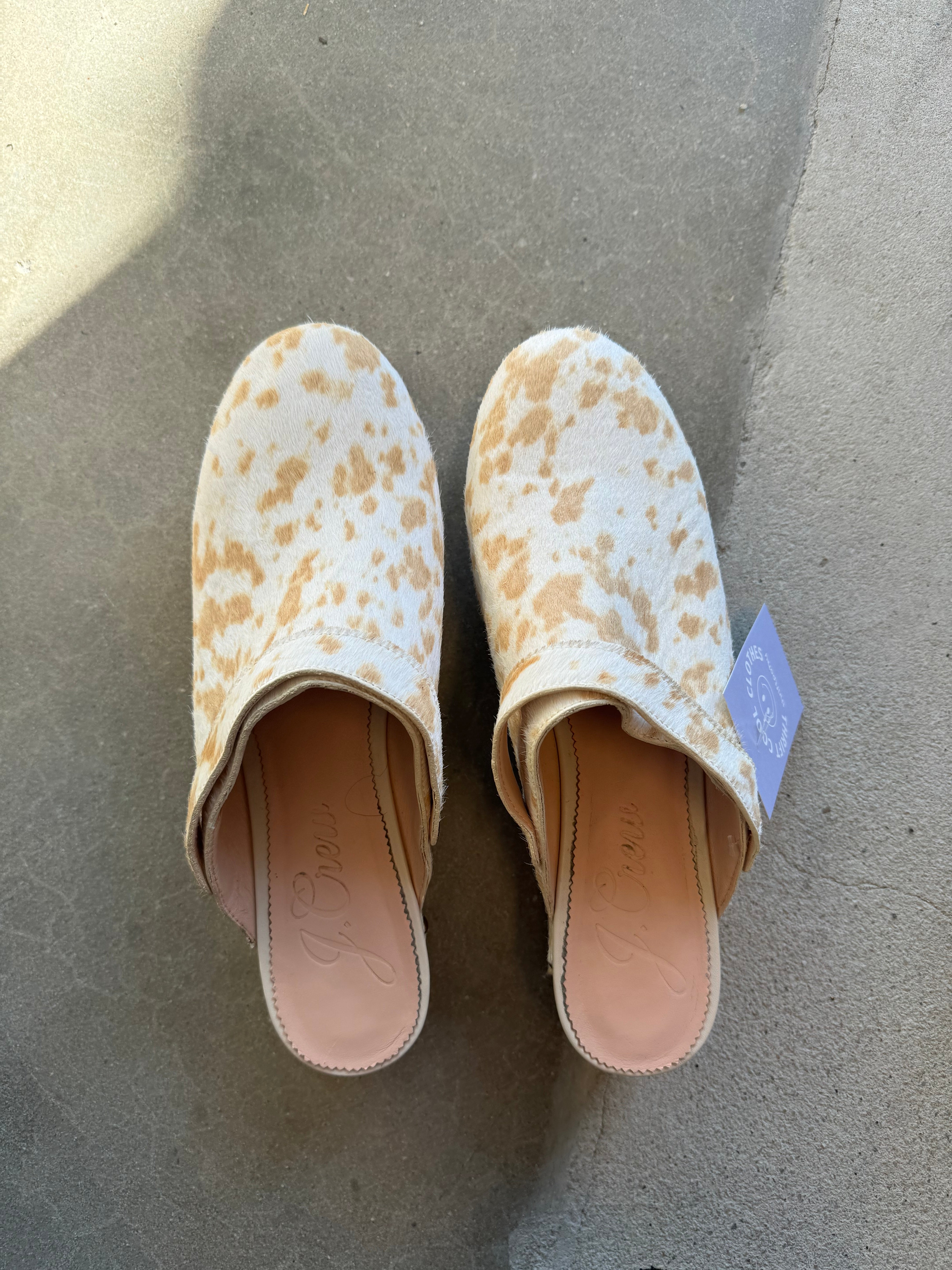 beige qwhite j crew cow print clogs, 10.5 women’s