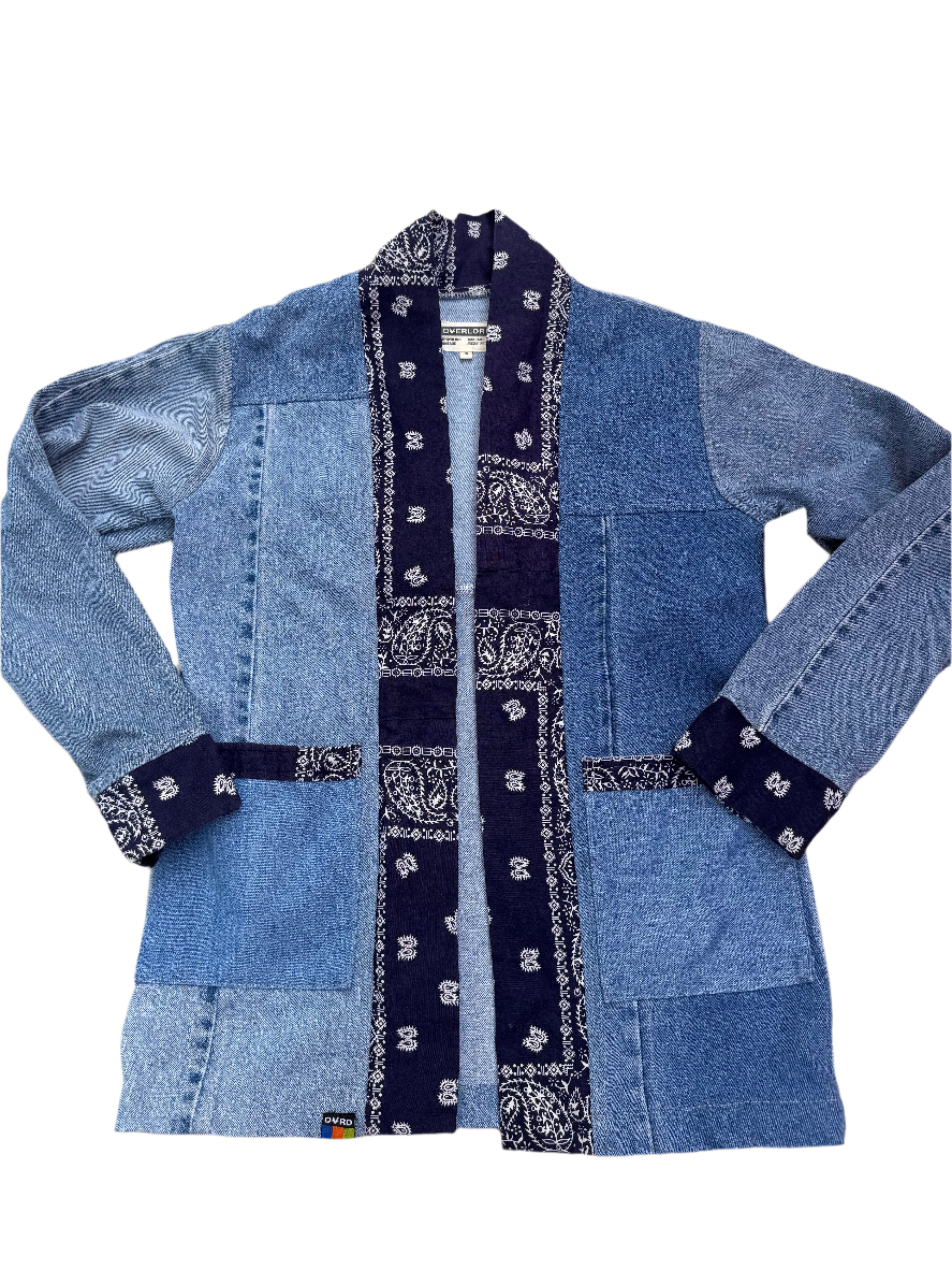 blue overlord upcycled denim jacket with bandana trim, s