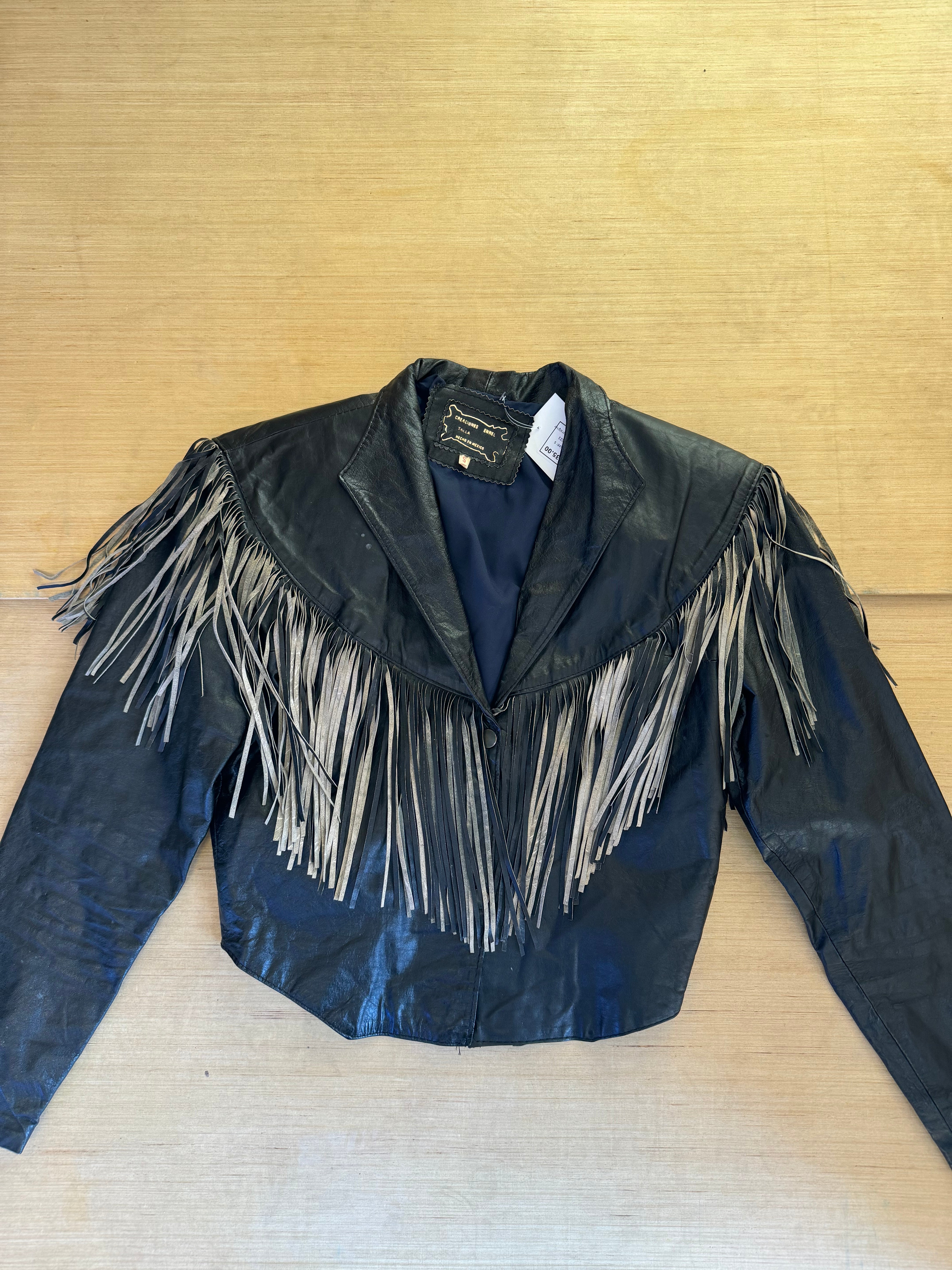 black  fringe leather jacket, s