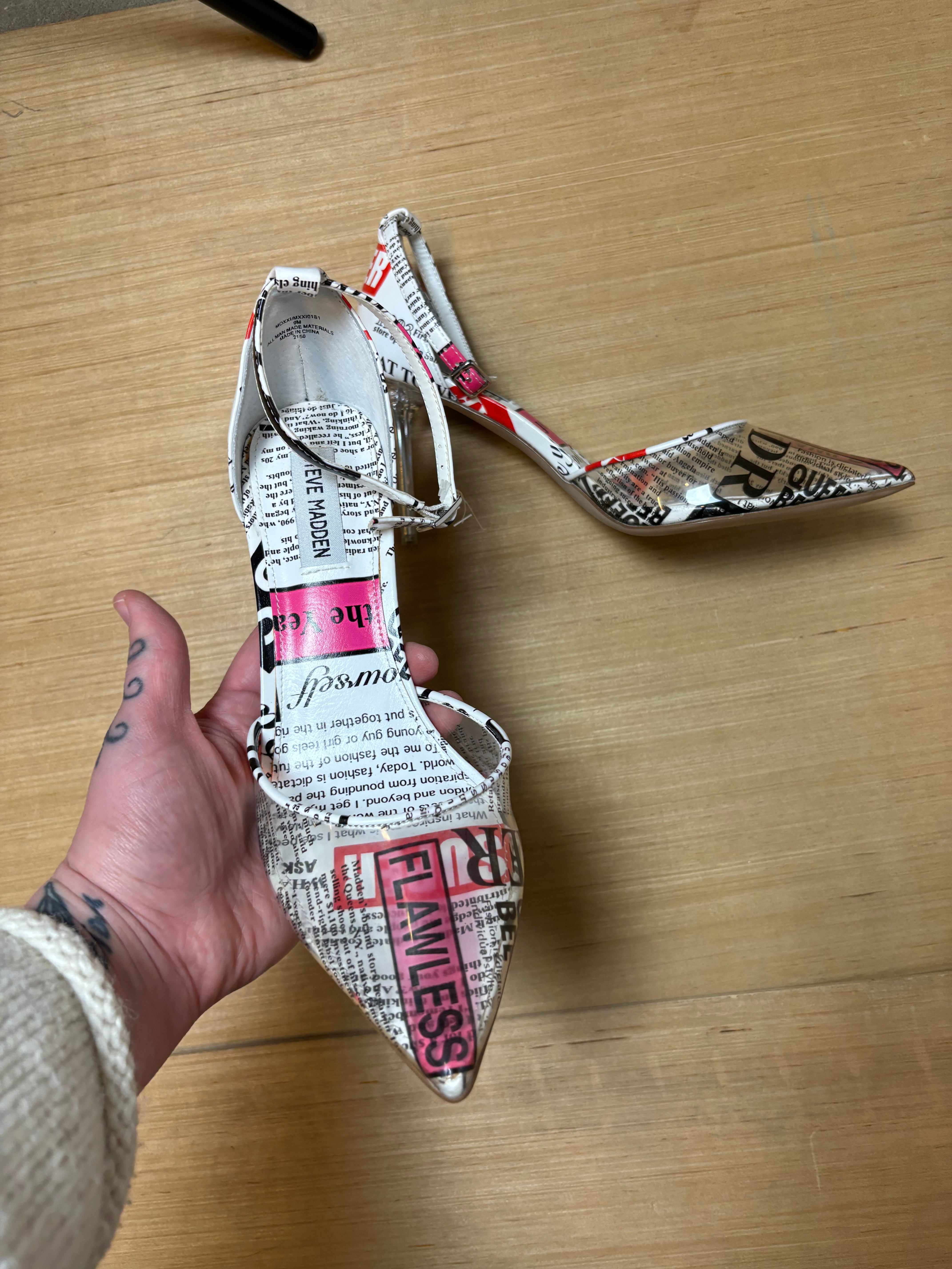 black white pink red steve madden newspaper heels, 9