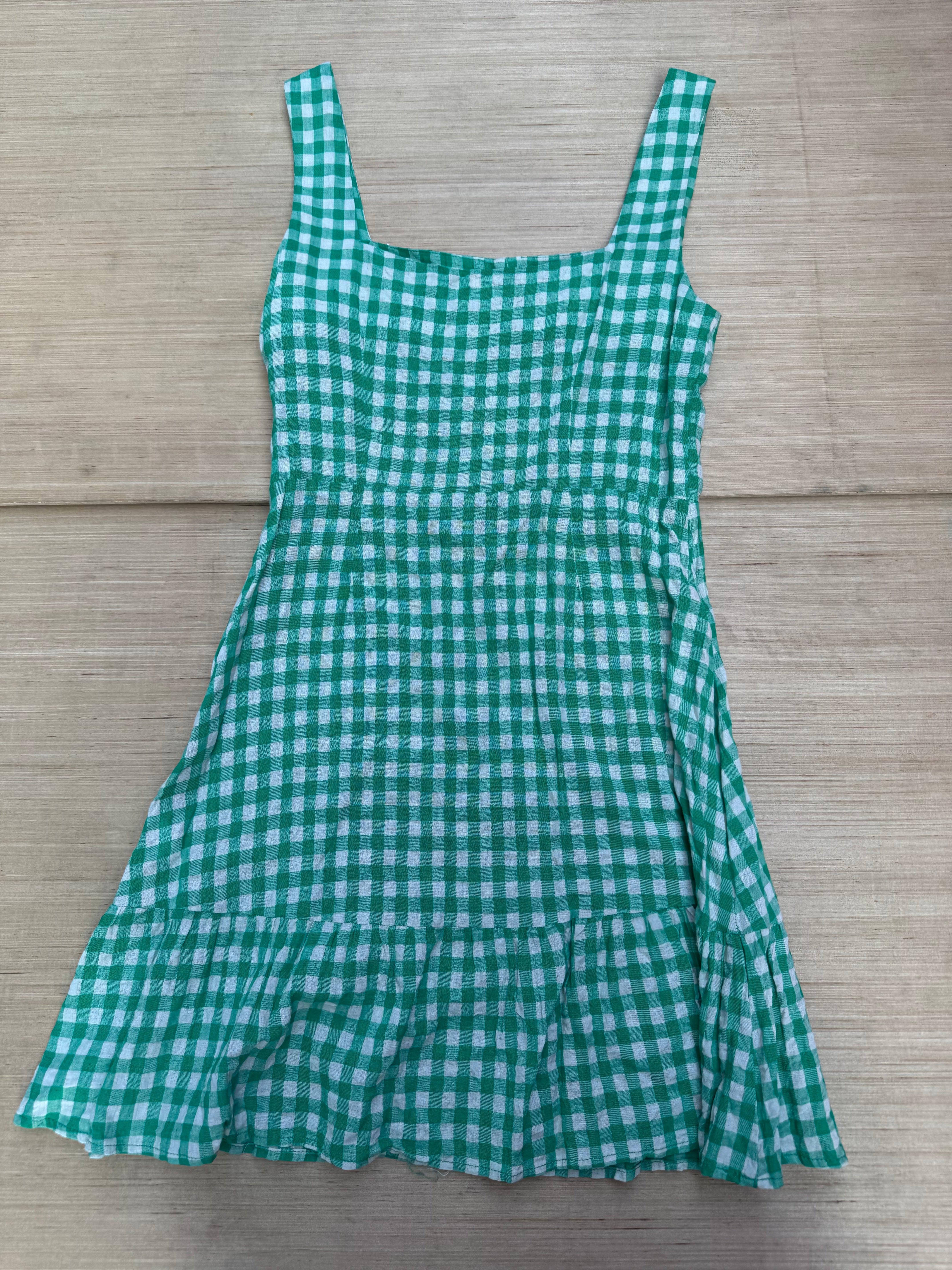 green lush gingham dress w buttons, s