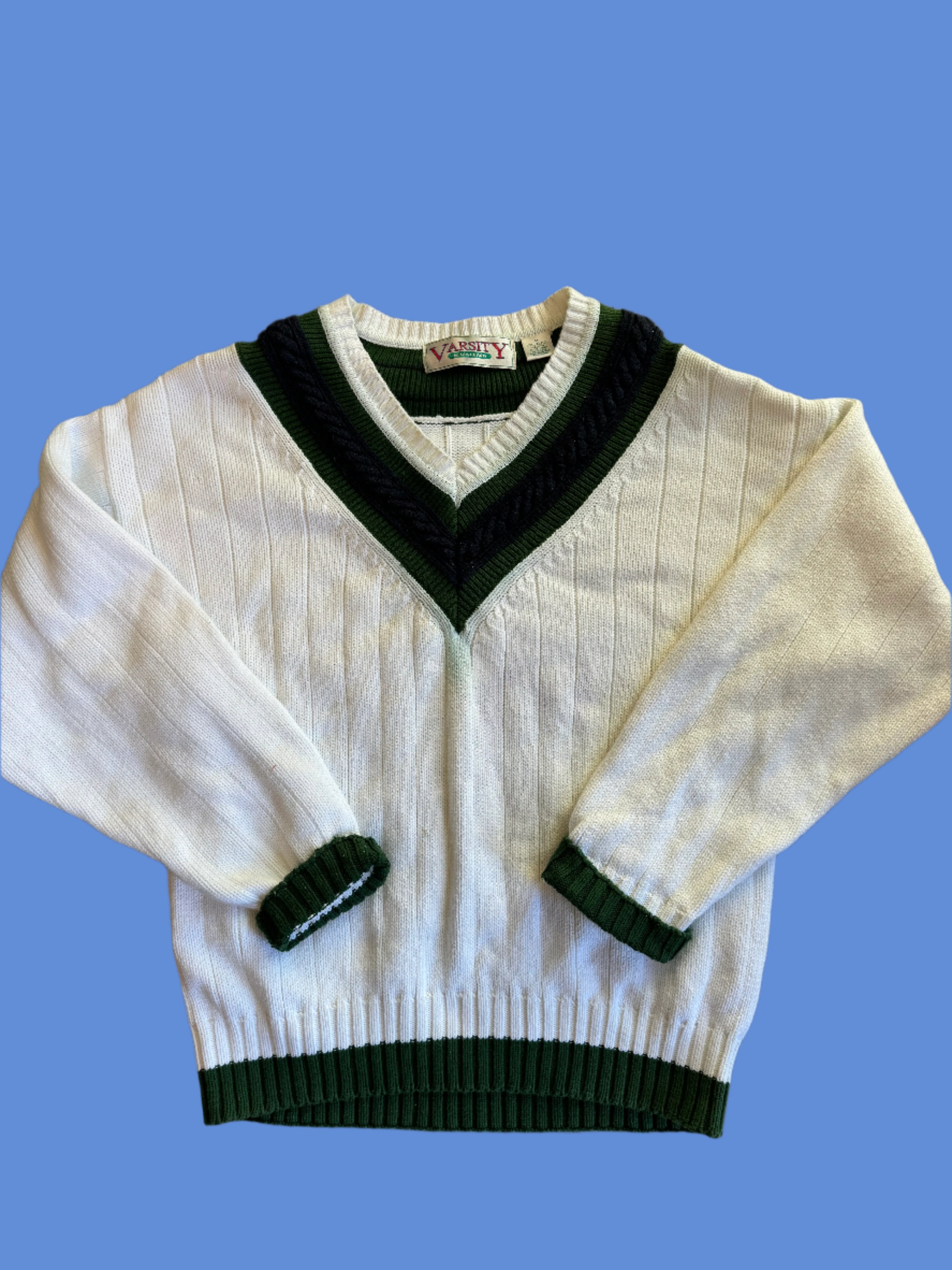 White green Varsity V neck school girl sweater, M