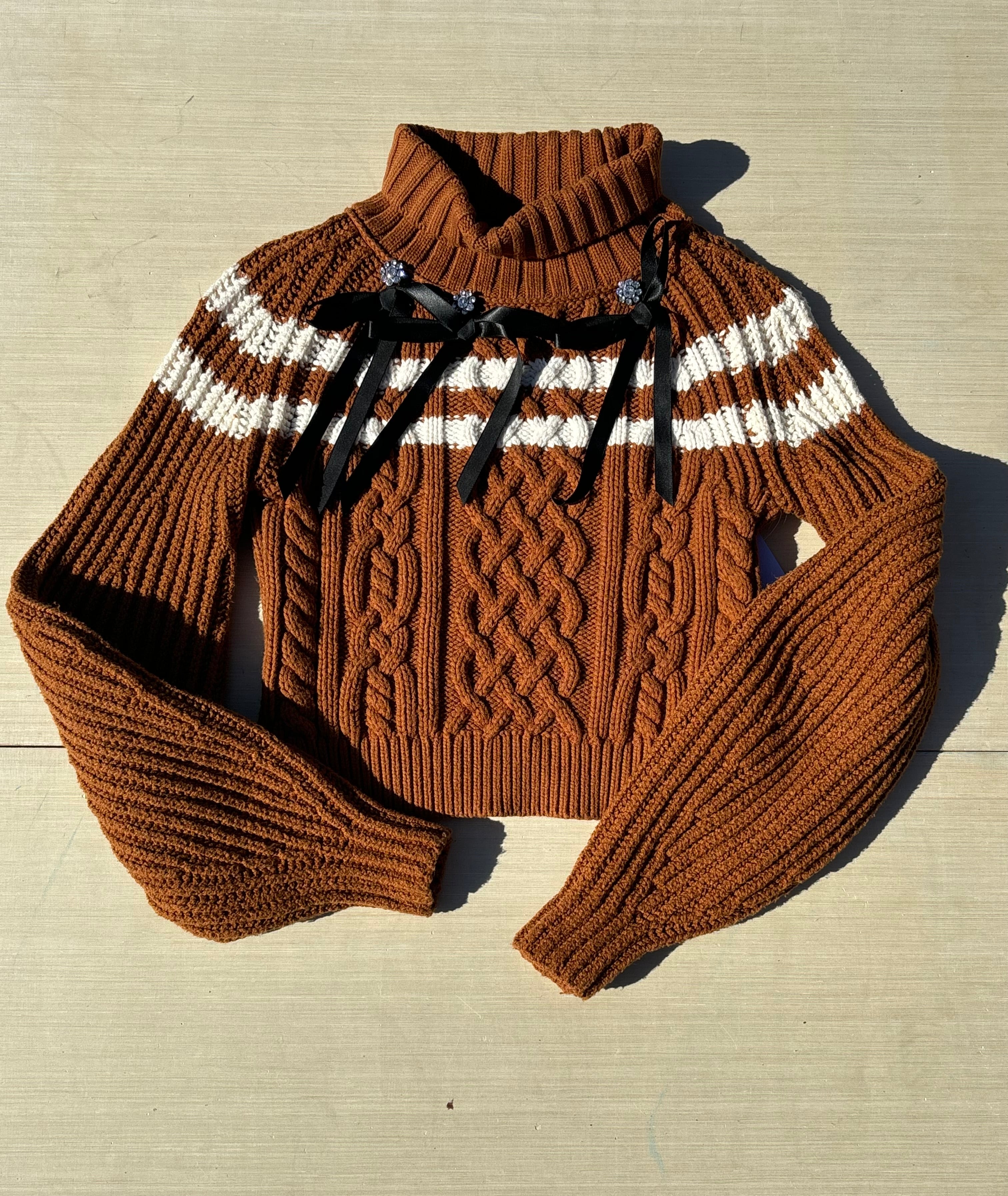 brown maeve striped knit sweater w bows, xs