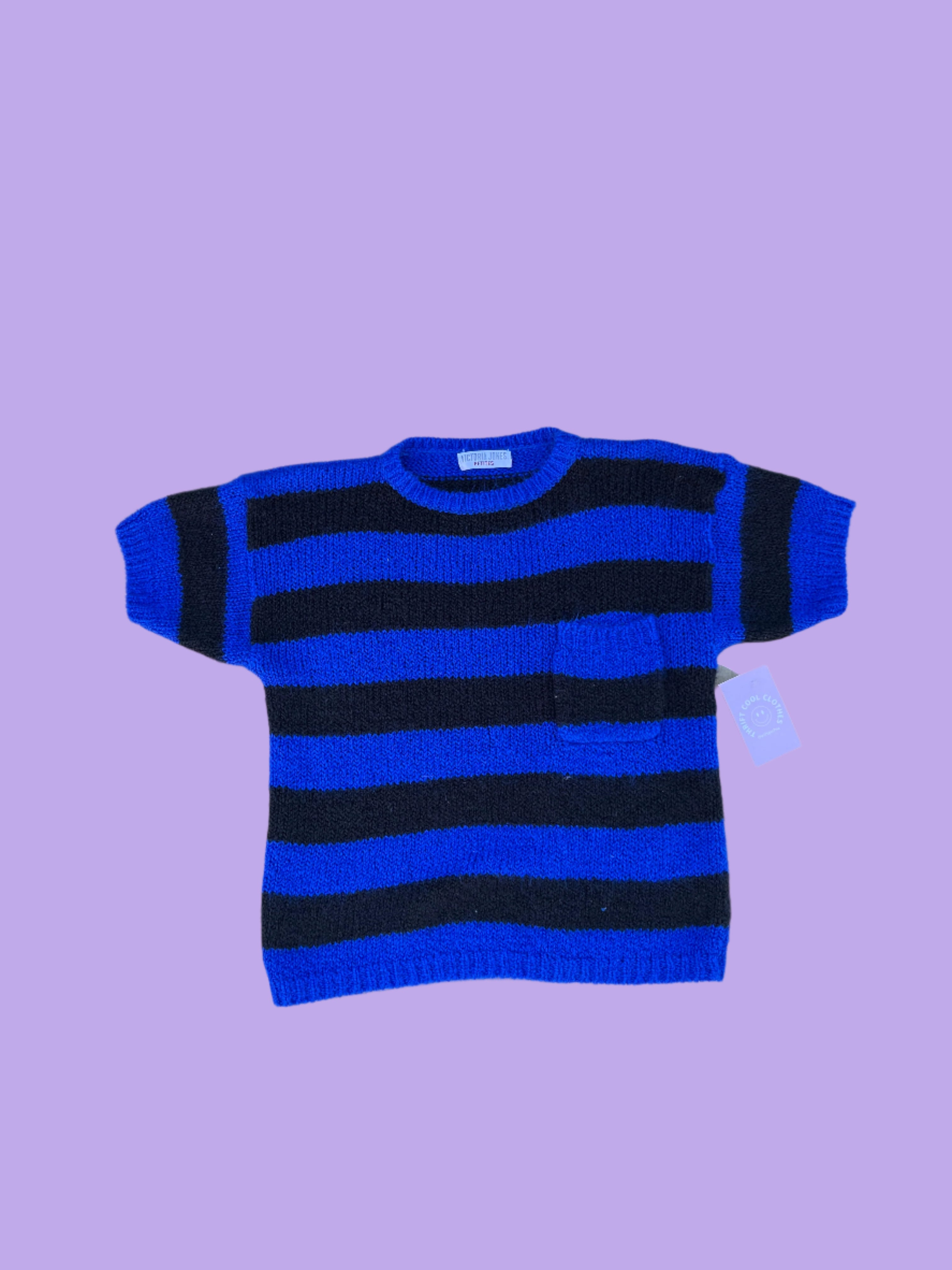 royal blue black victoria jones ss striped sweater, m