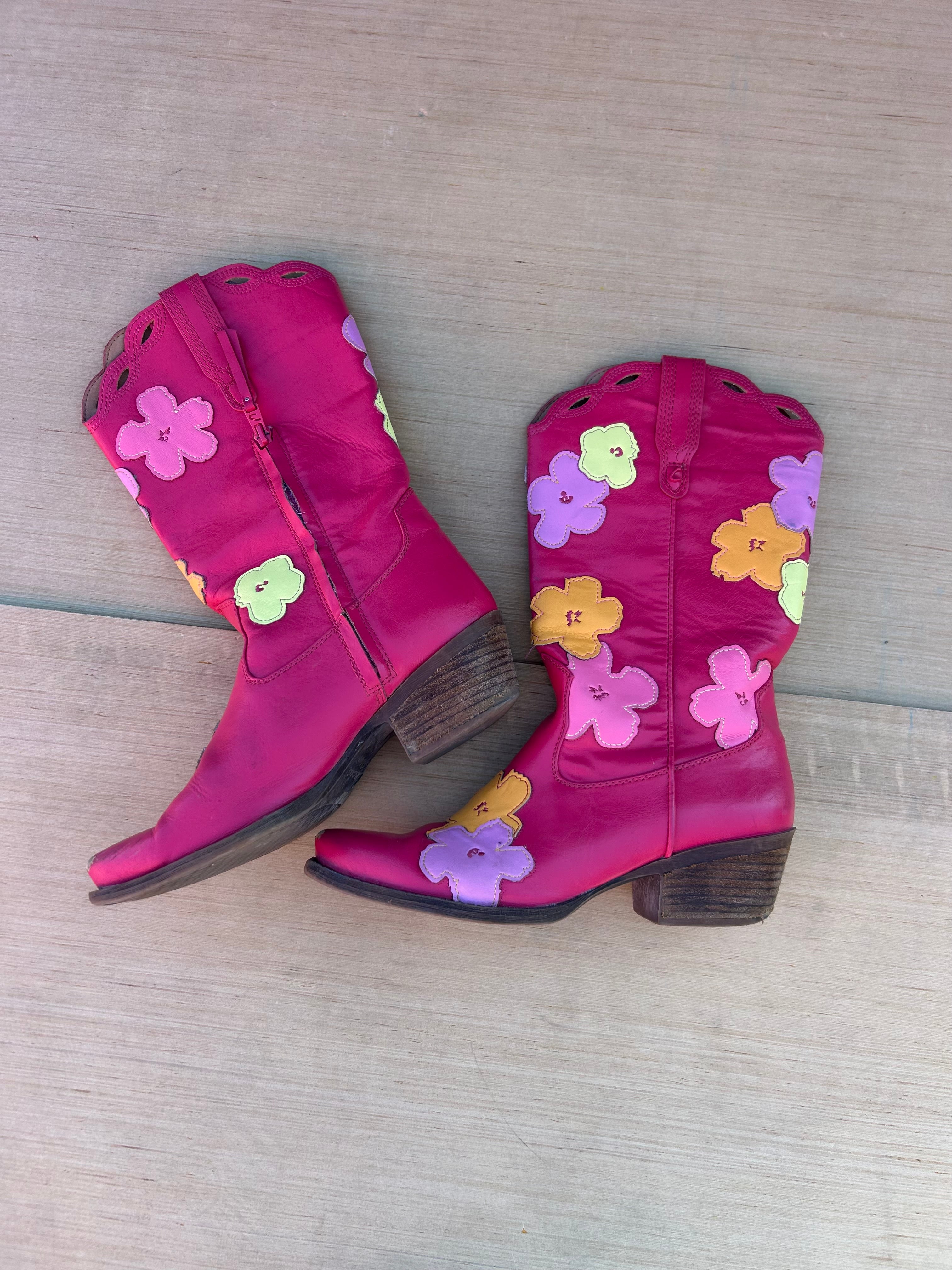 pink circus flower cowboy boots, 8.5