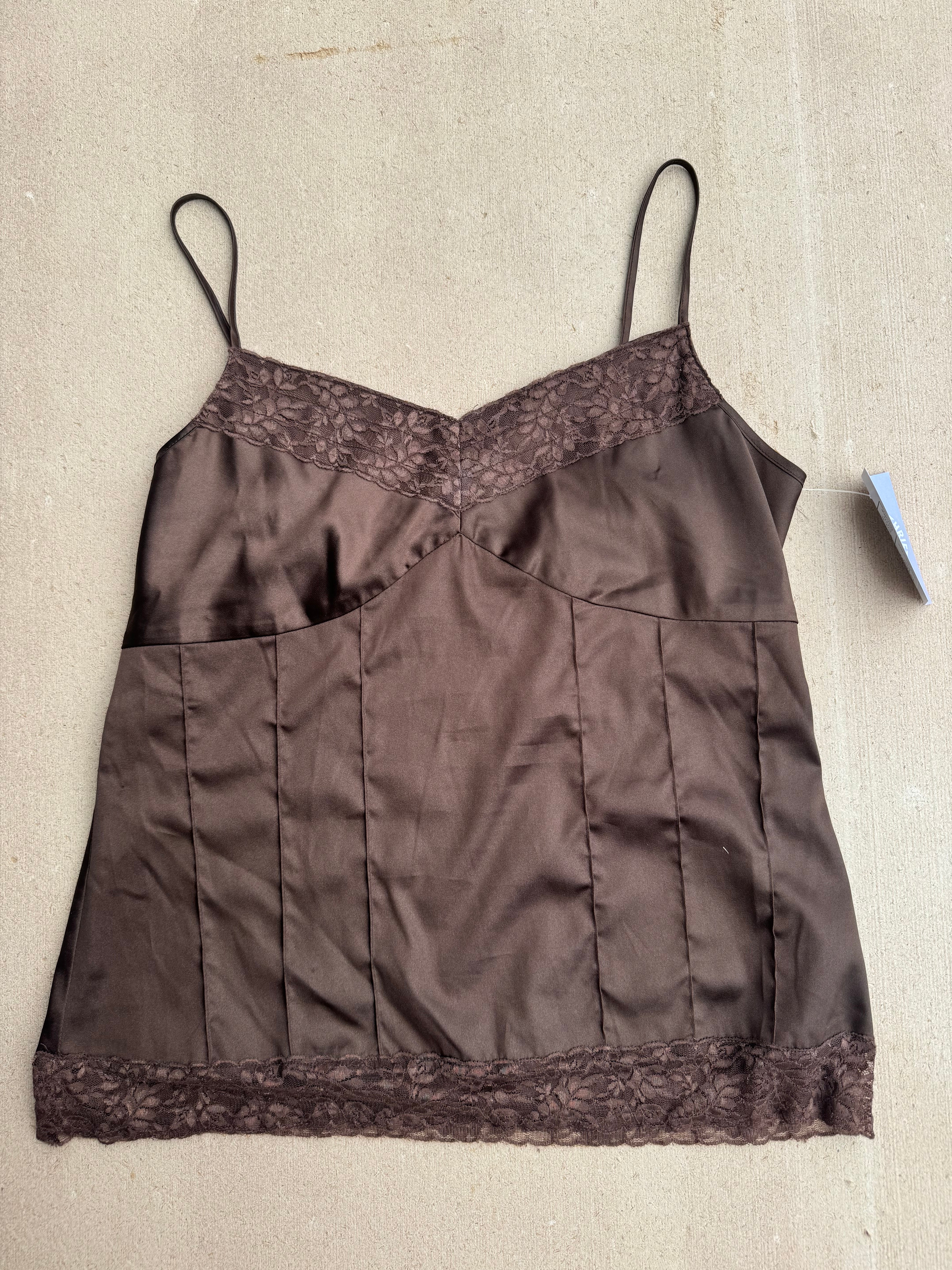 Brown fossil silky tank w lace, XL