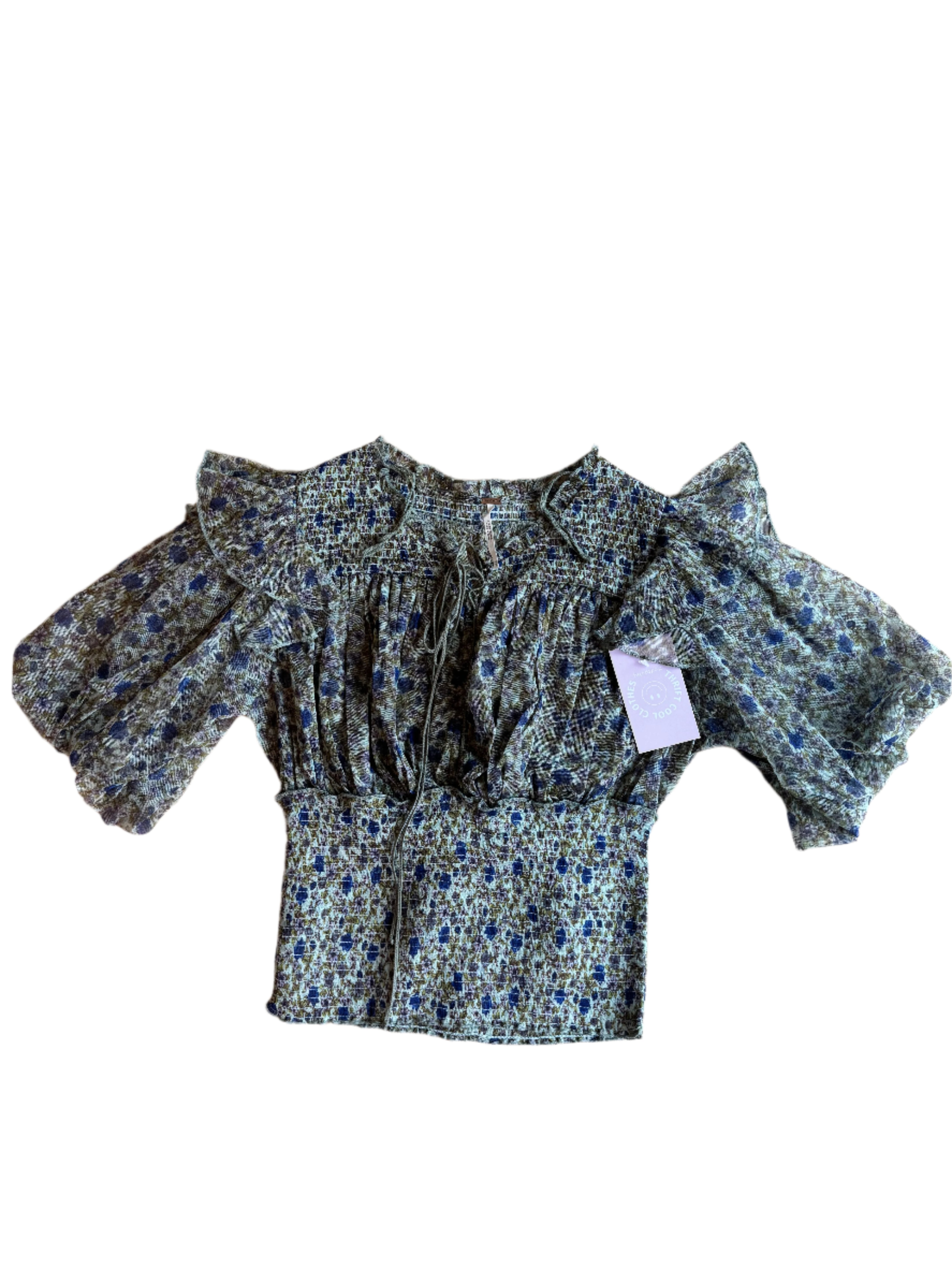 green blue free people sheer floral blouse, xs