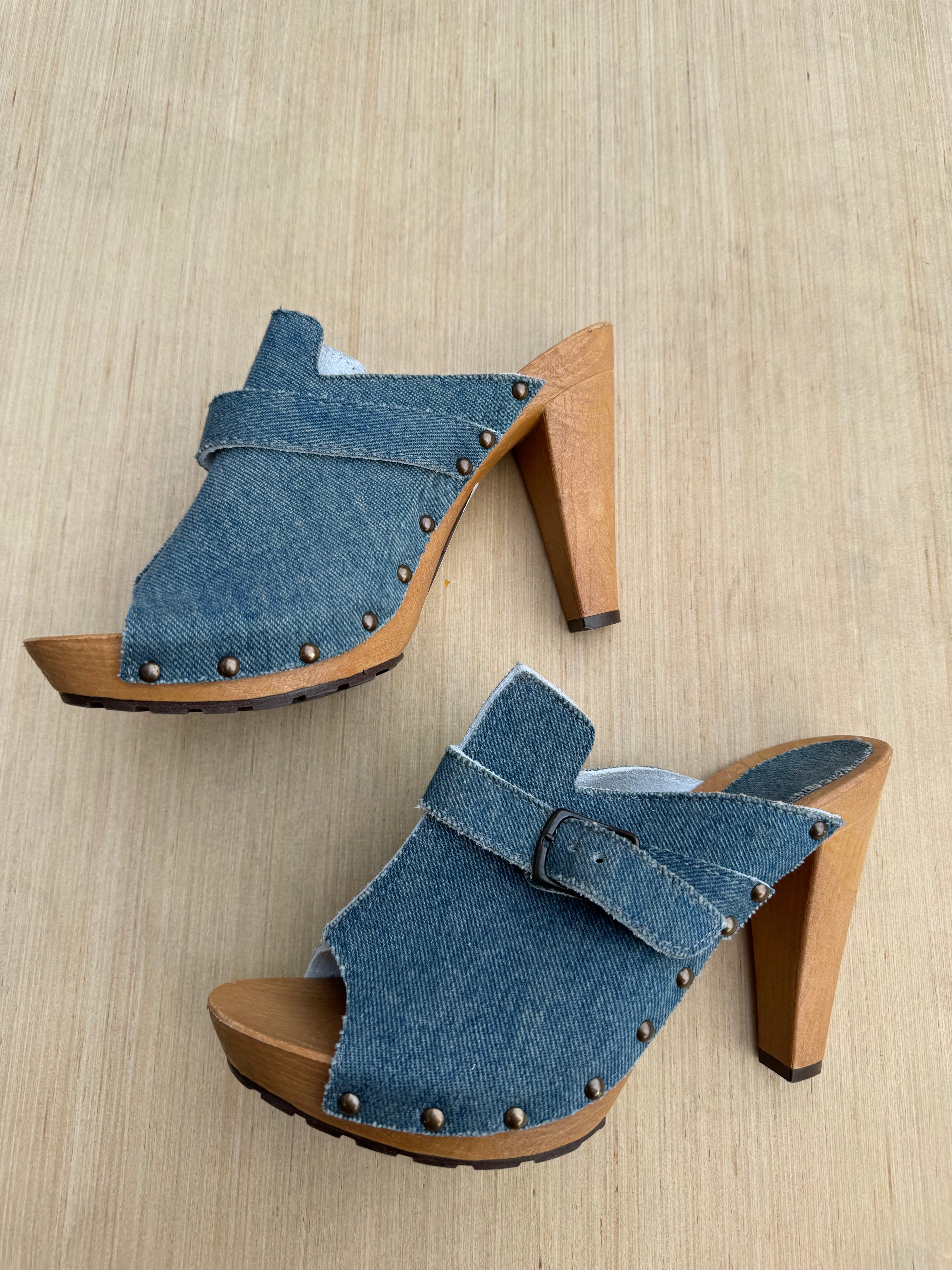 blue brown  denim heel clogs?, 41