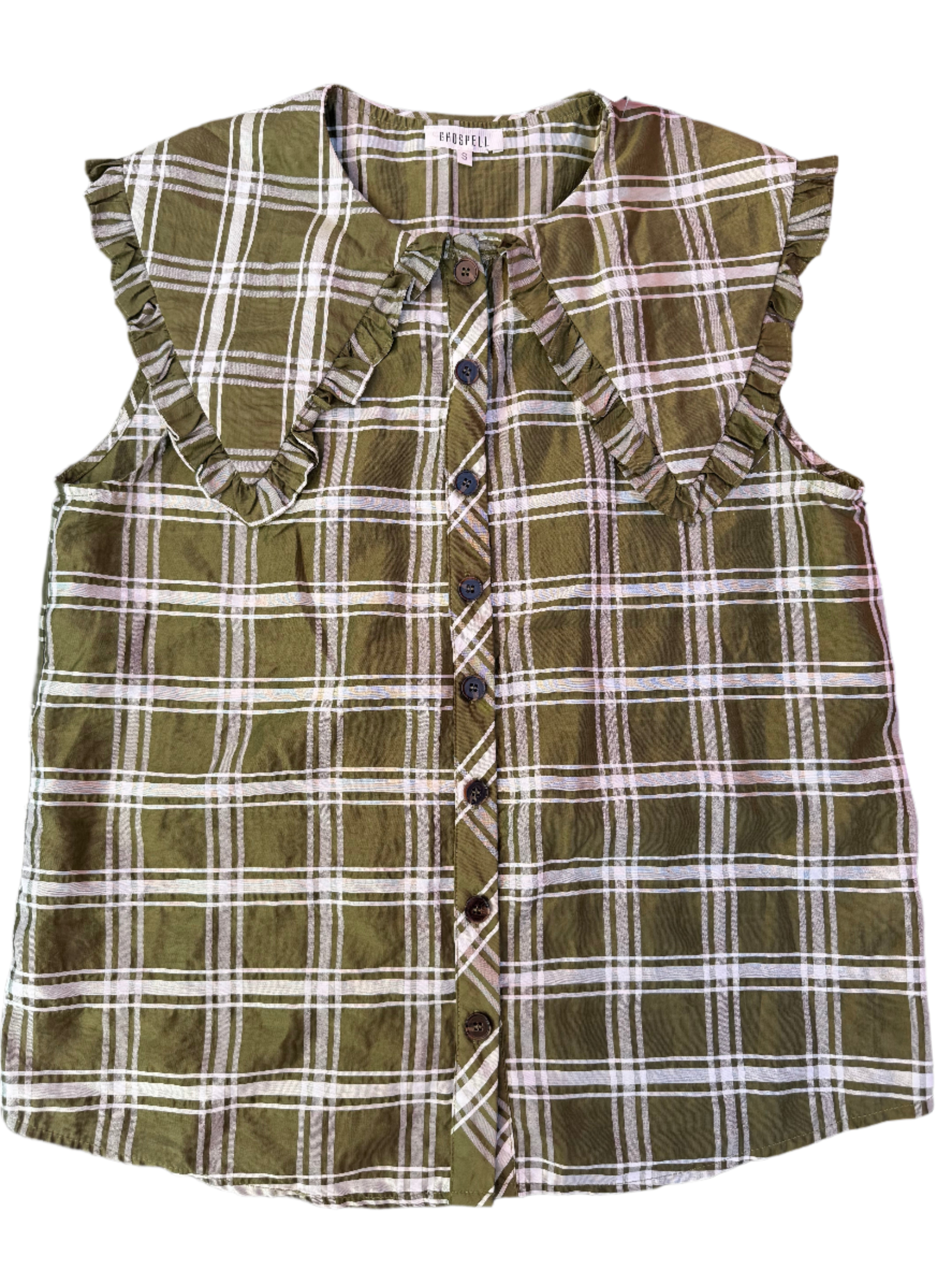 GREEN GHOSPELL PLAID PETERPAN COLLAR TOP, S