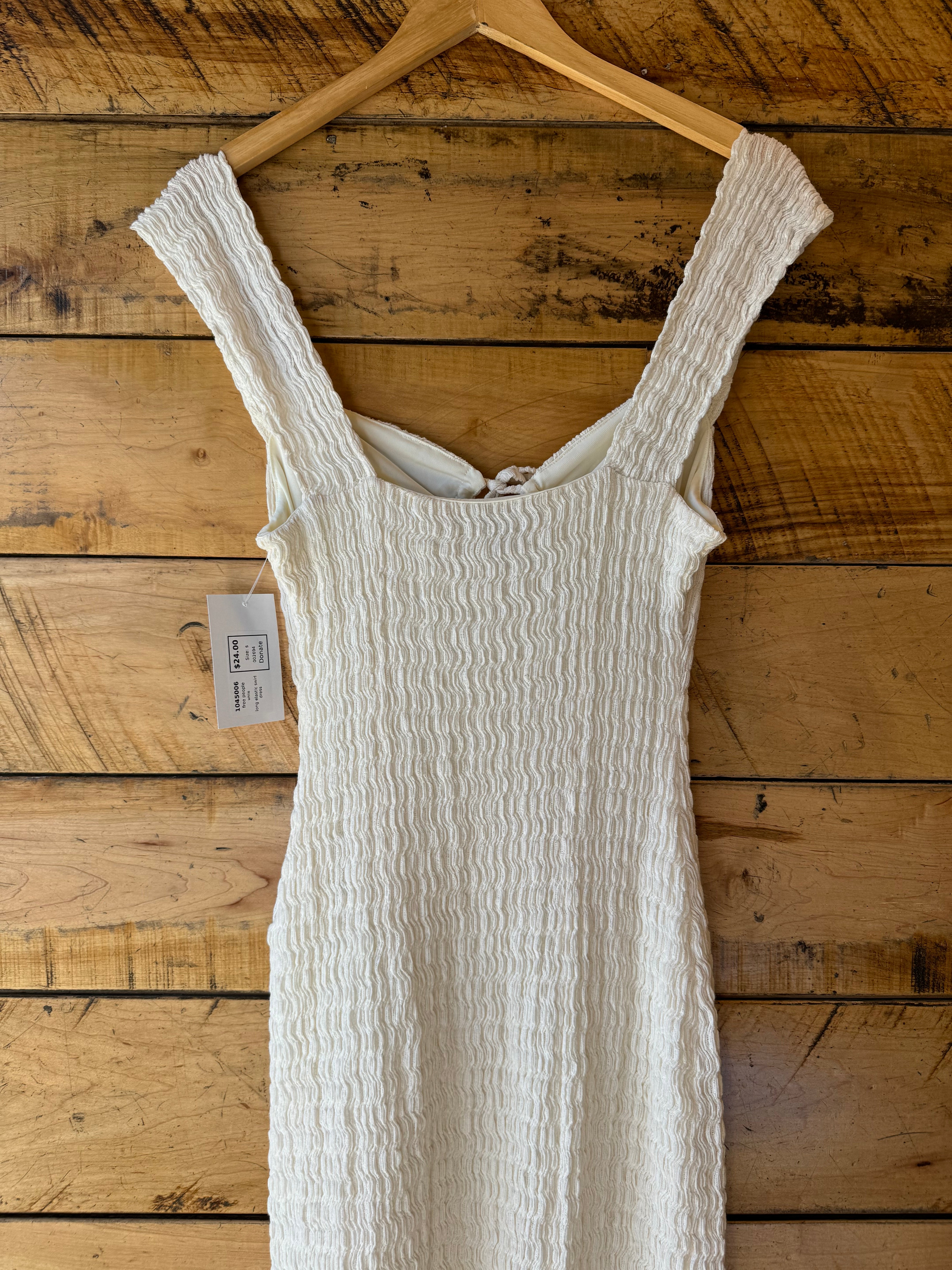 white free people long elastic swirl dress, s