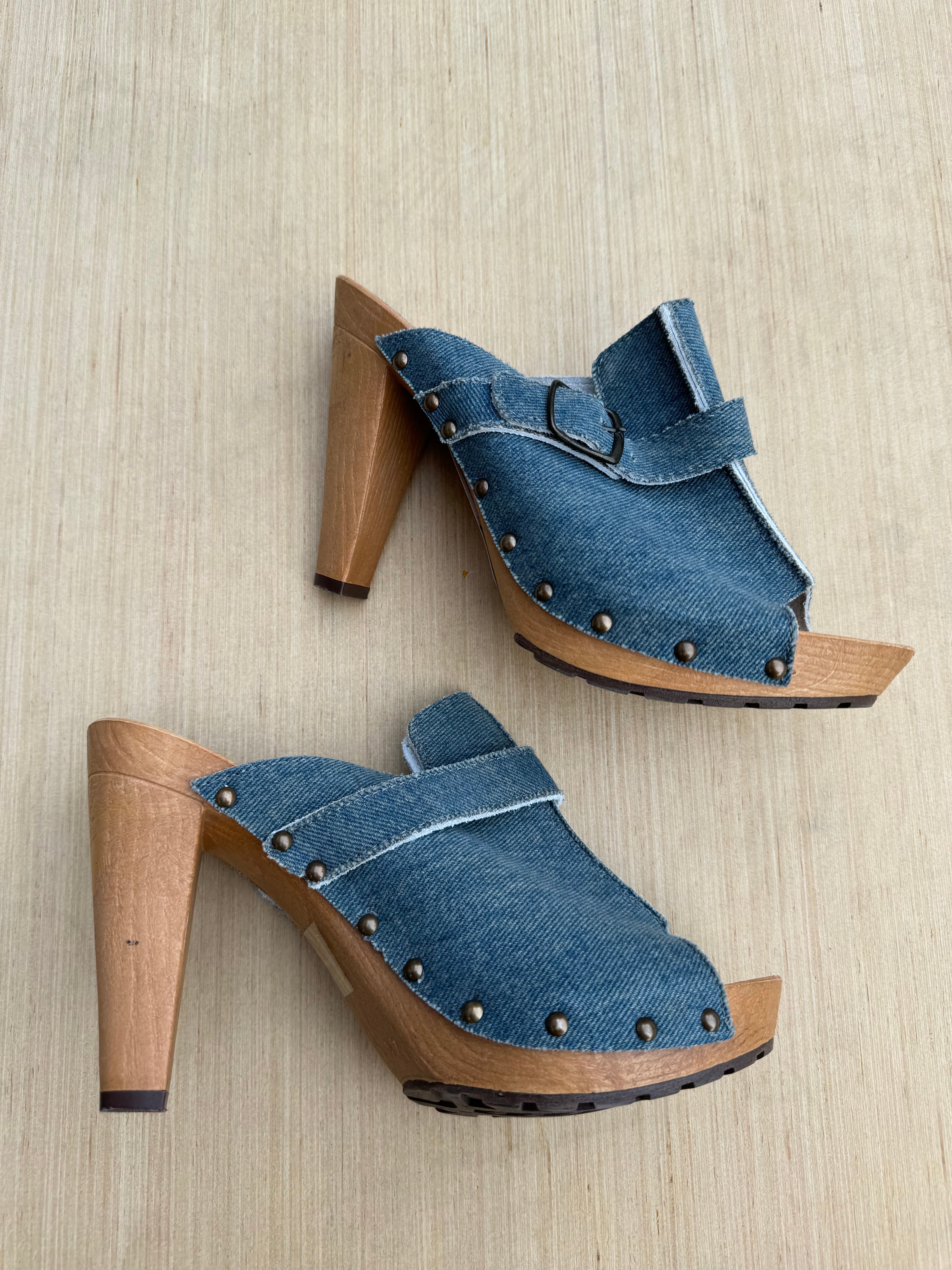 blue brown  denim heel clogs?, 41