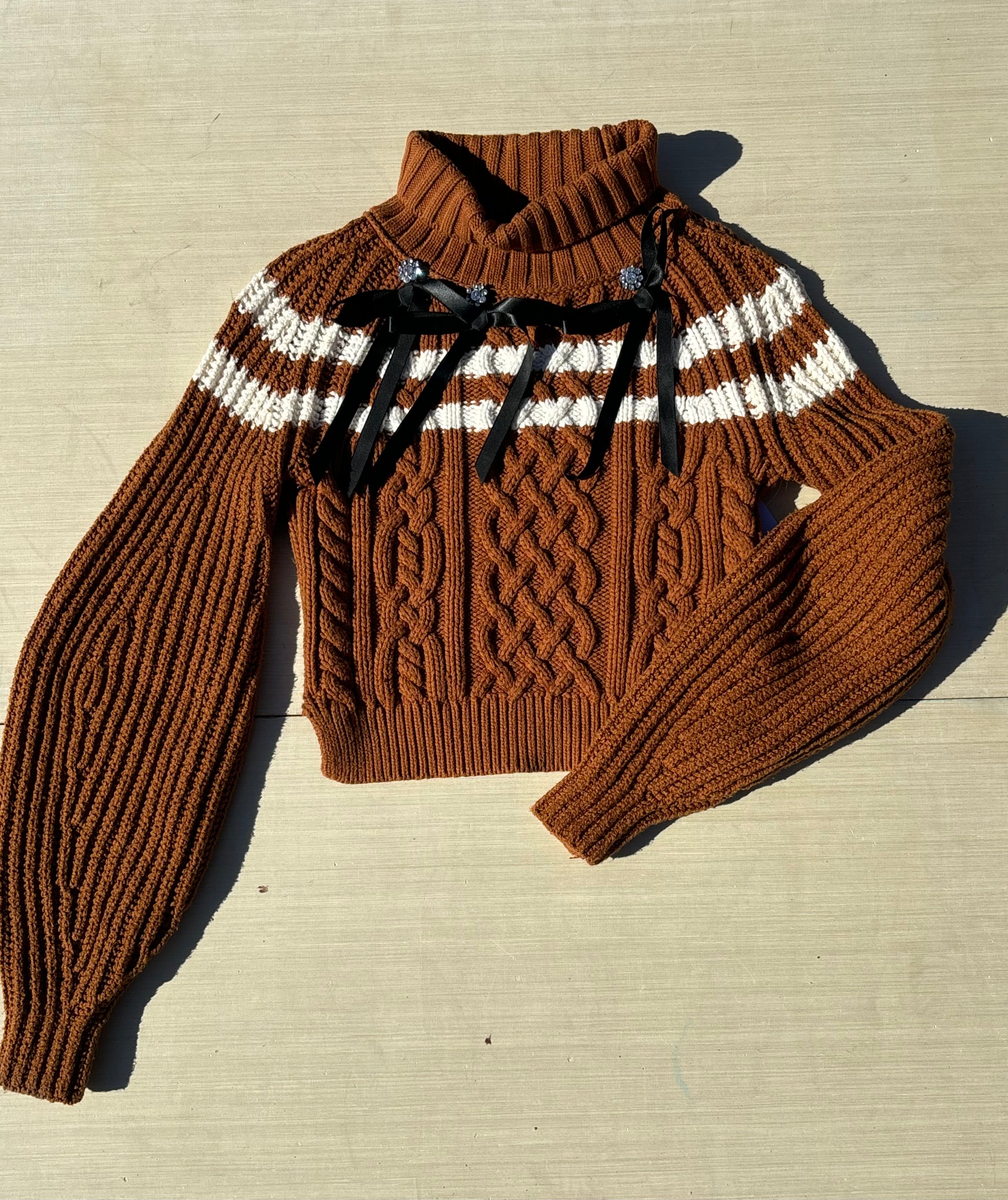 brown maeve striped knit sweater w bows, xs