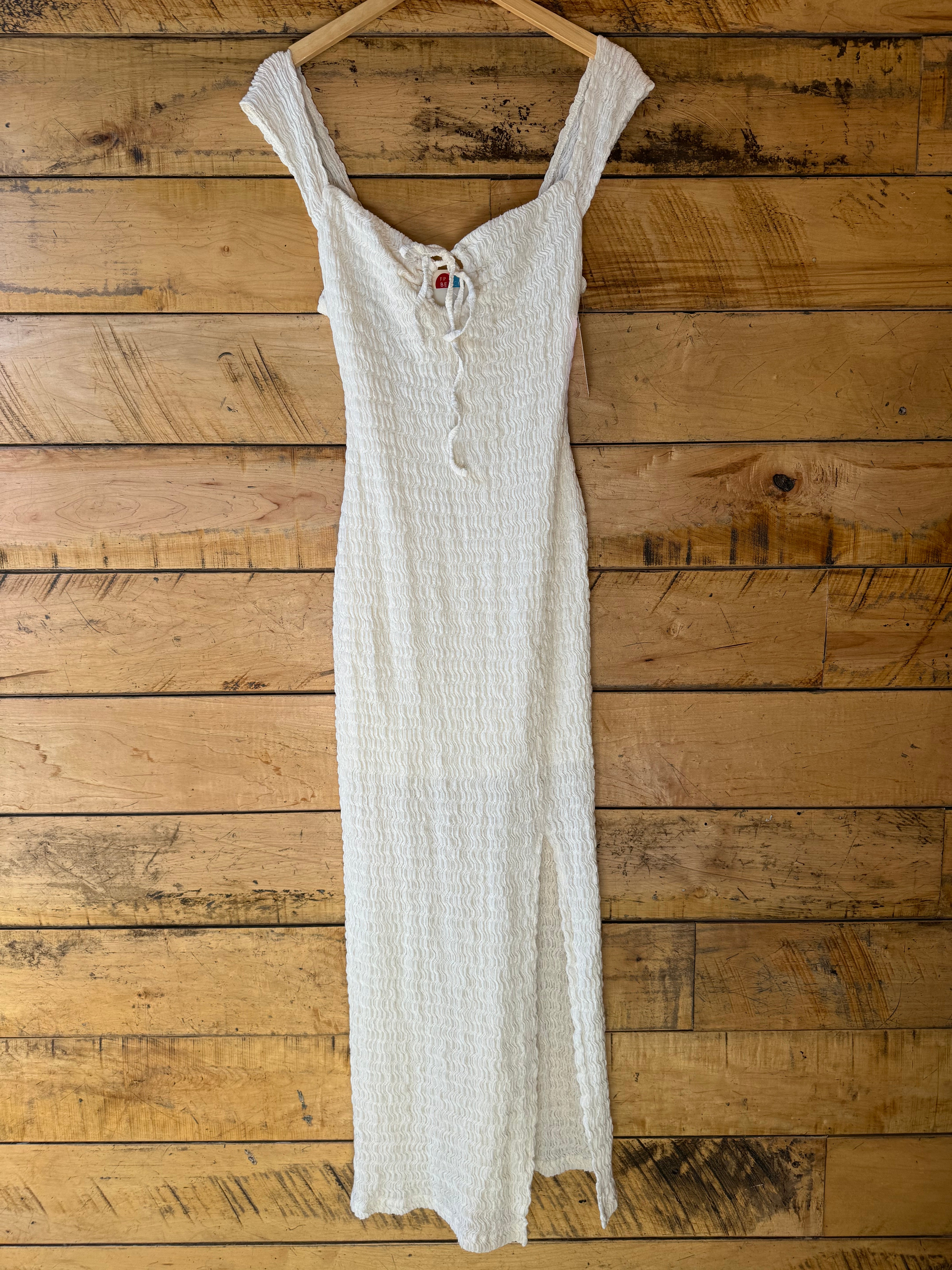 white free people long elastic swirl dress, s