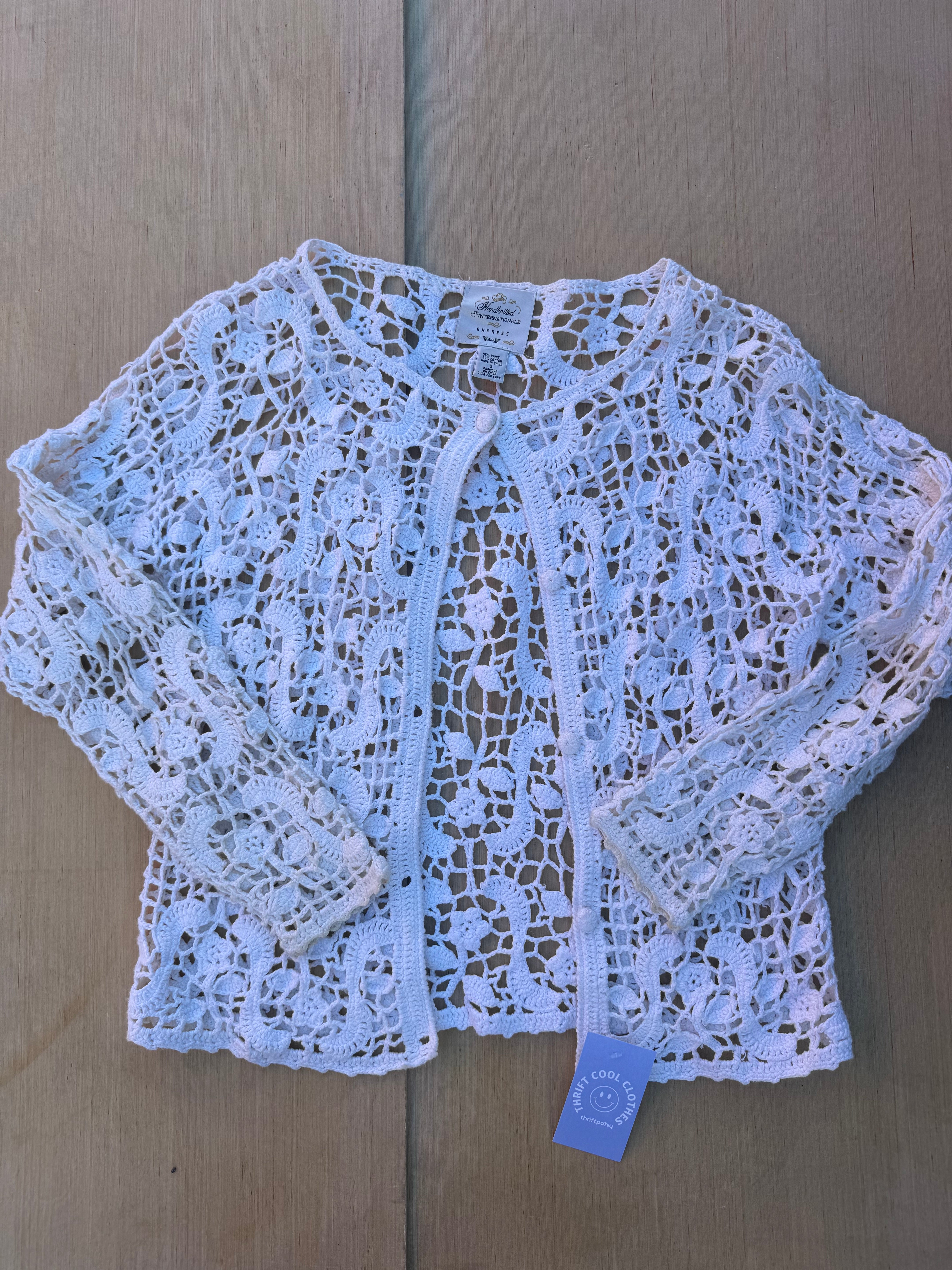 white handknitted c1e internationale express lacey floral crochet cardi, s