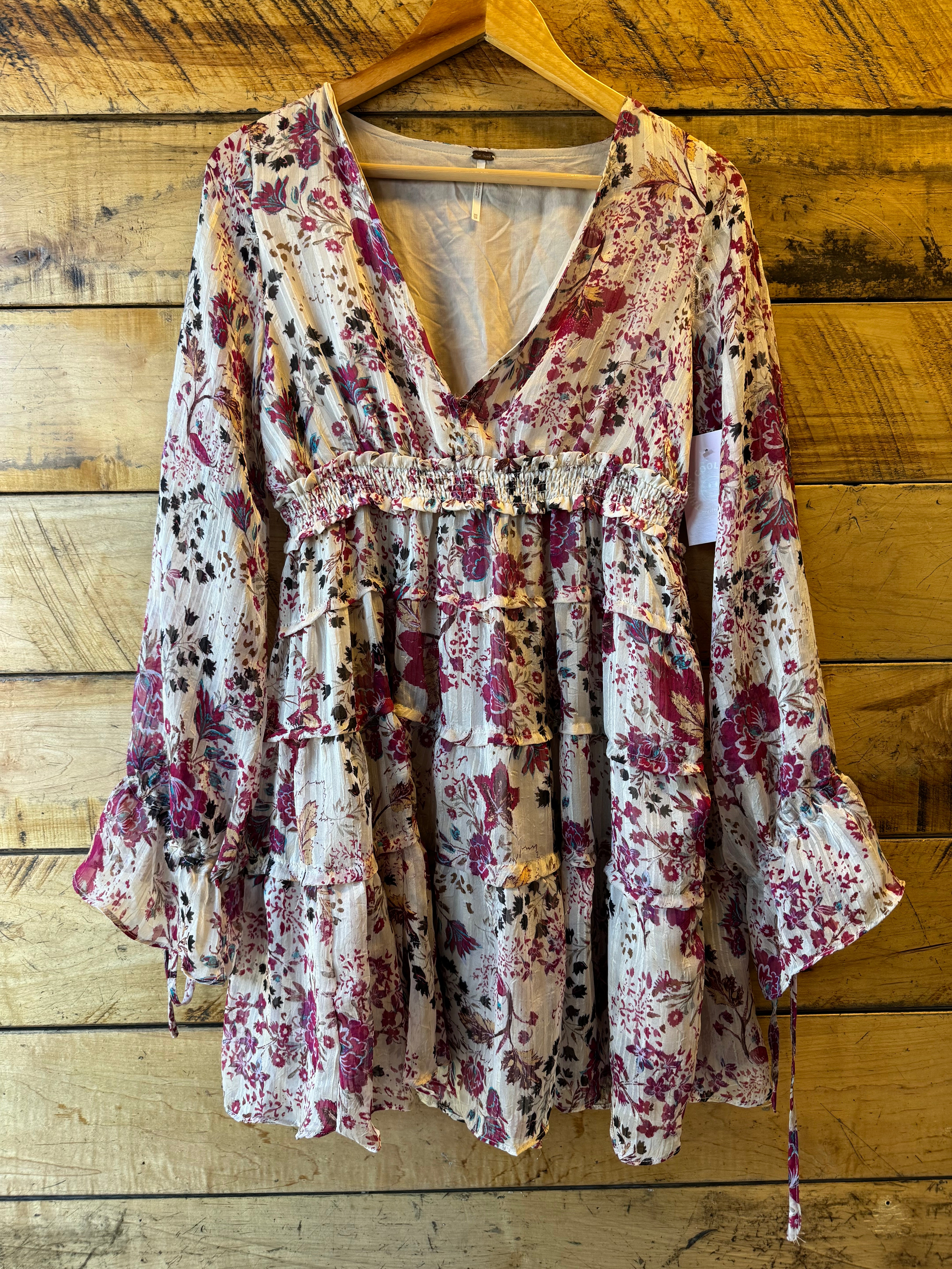 pink free people floral smocked v neck dress, xs