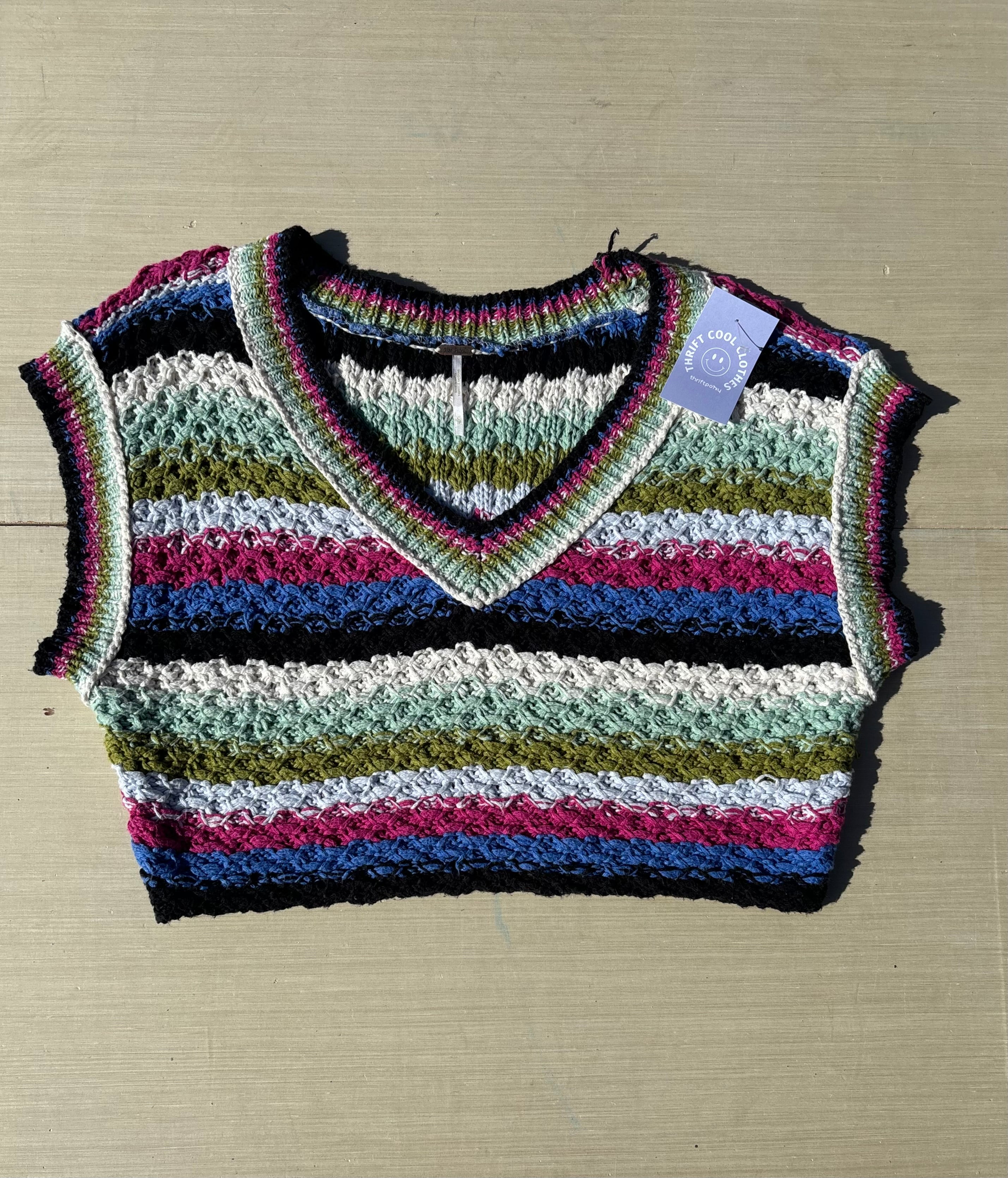 green pink blue free people striped sweater vest, xs