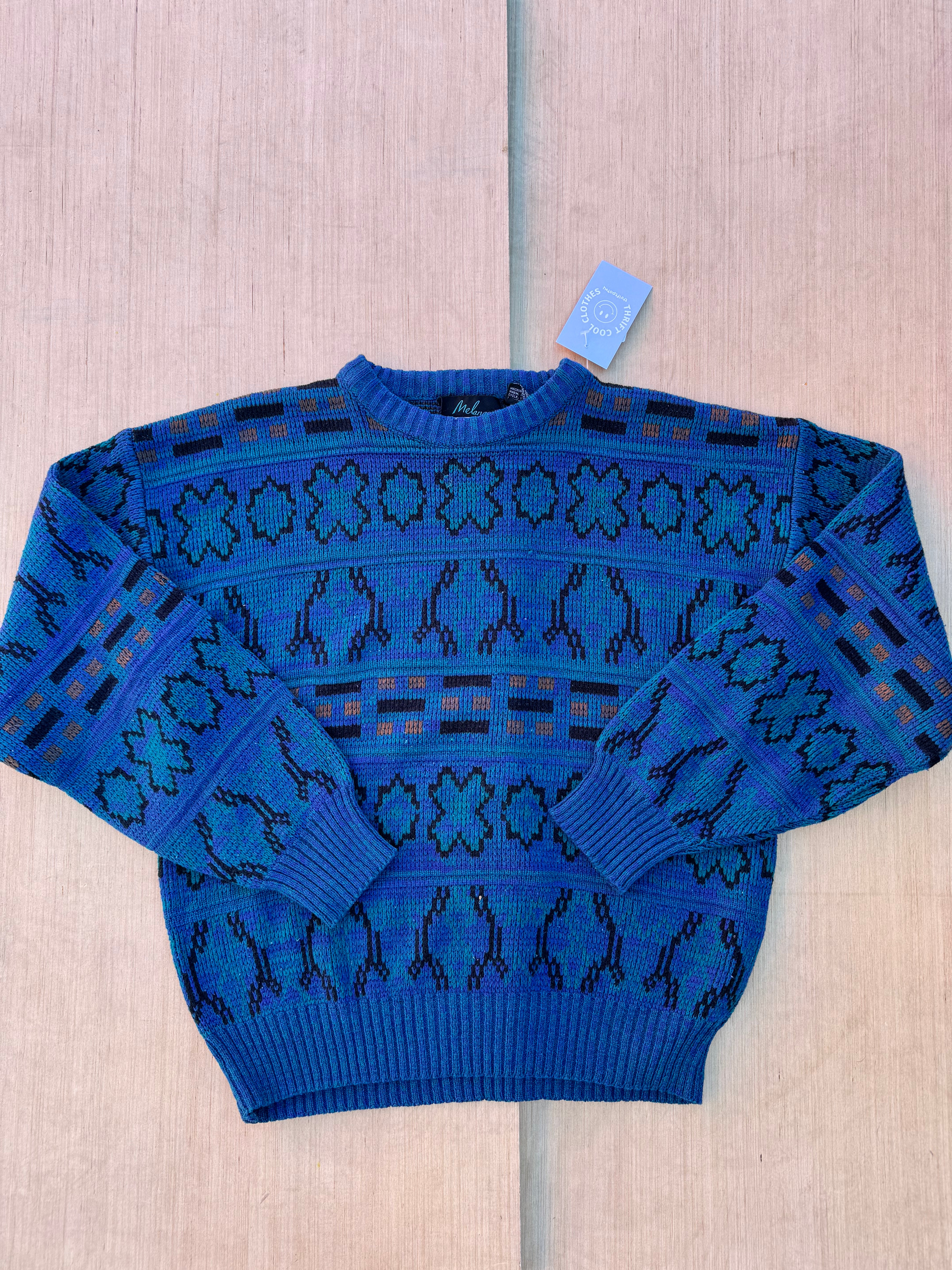 blue melange patterned vtg sweater, m