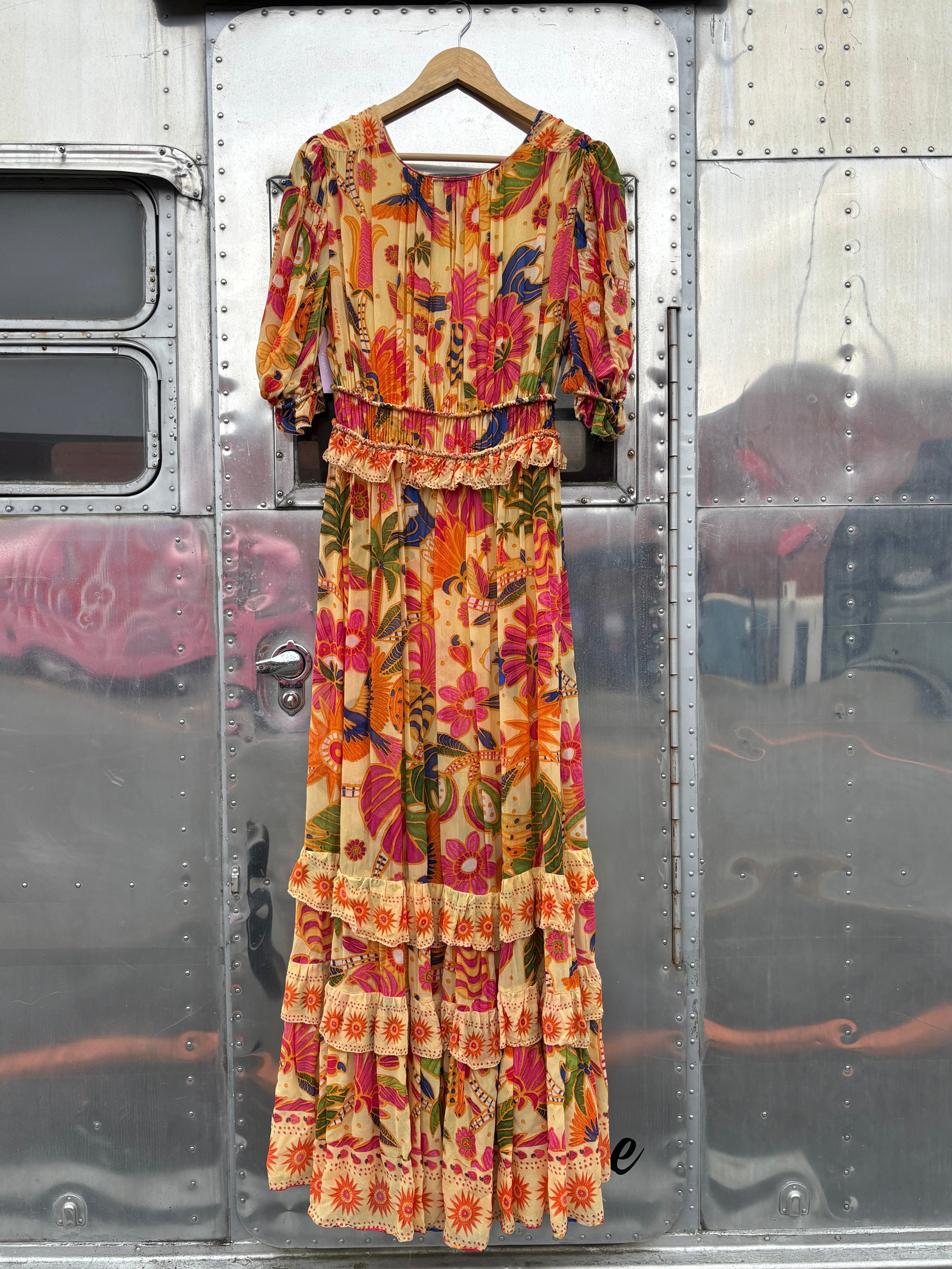 yellow pink Farm Rio floral maxi dress, s