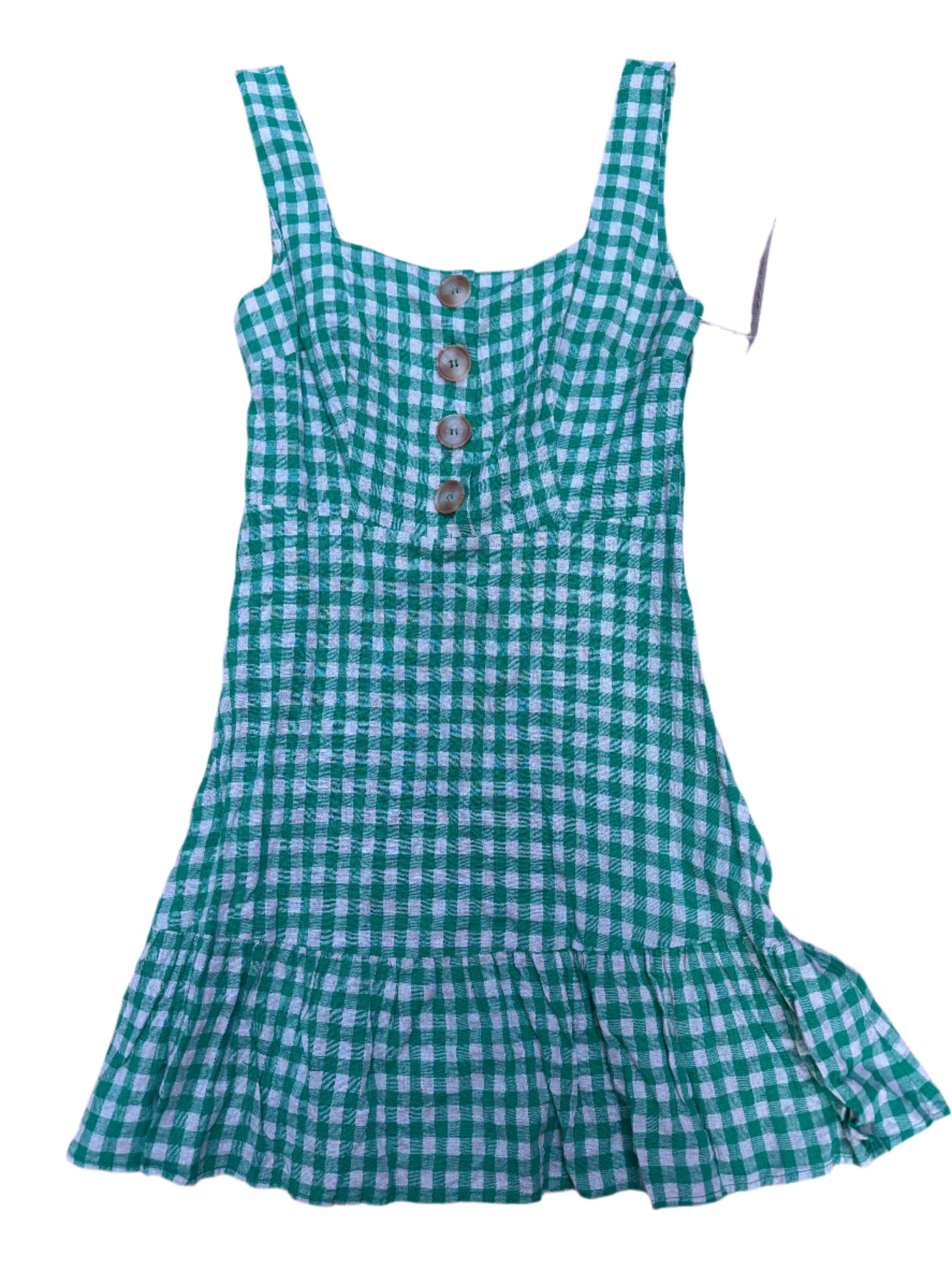 green lush gingham dress w buttons, s