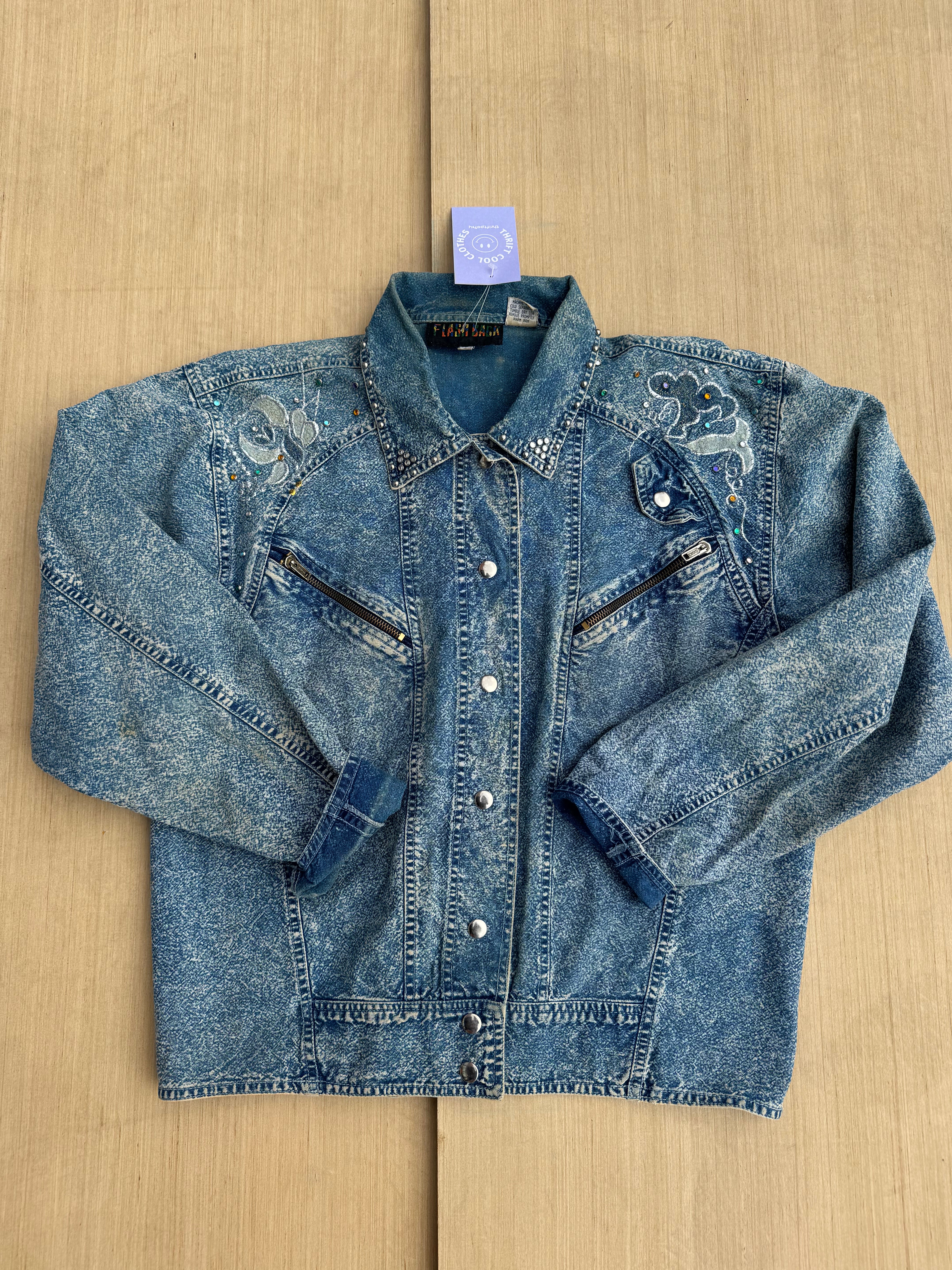 denim flash back denim acid wash jacket bedazzled, L