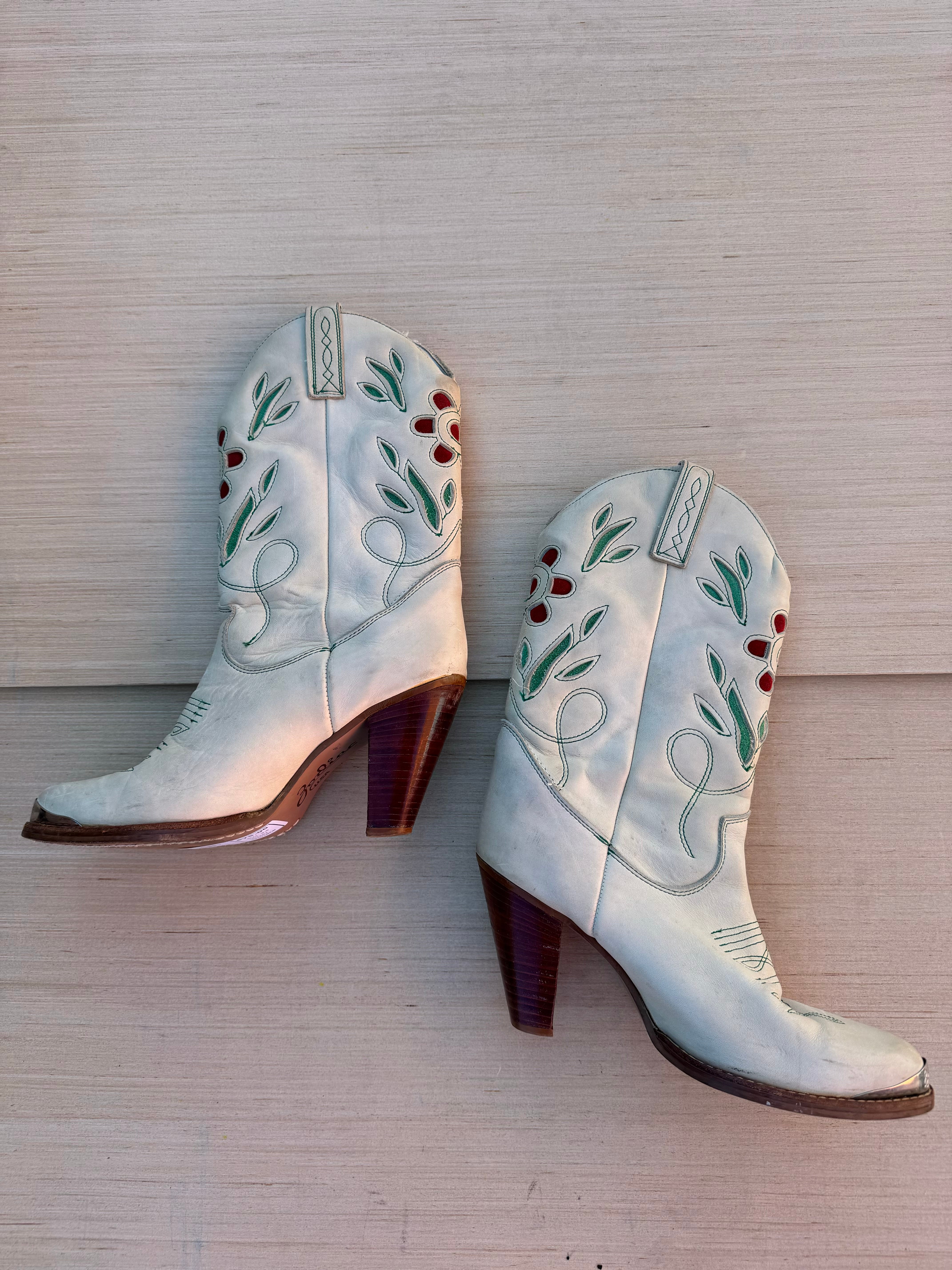 tan zodiac floral heeled cowboy boots, 9.5