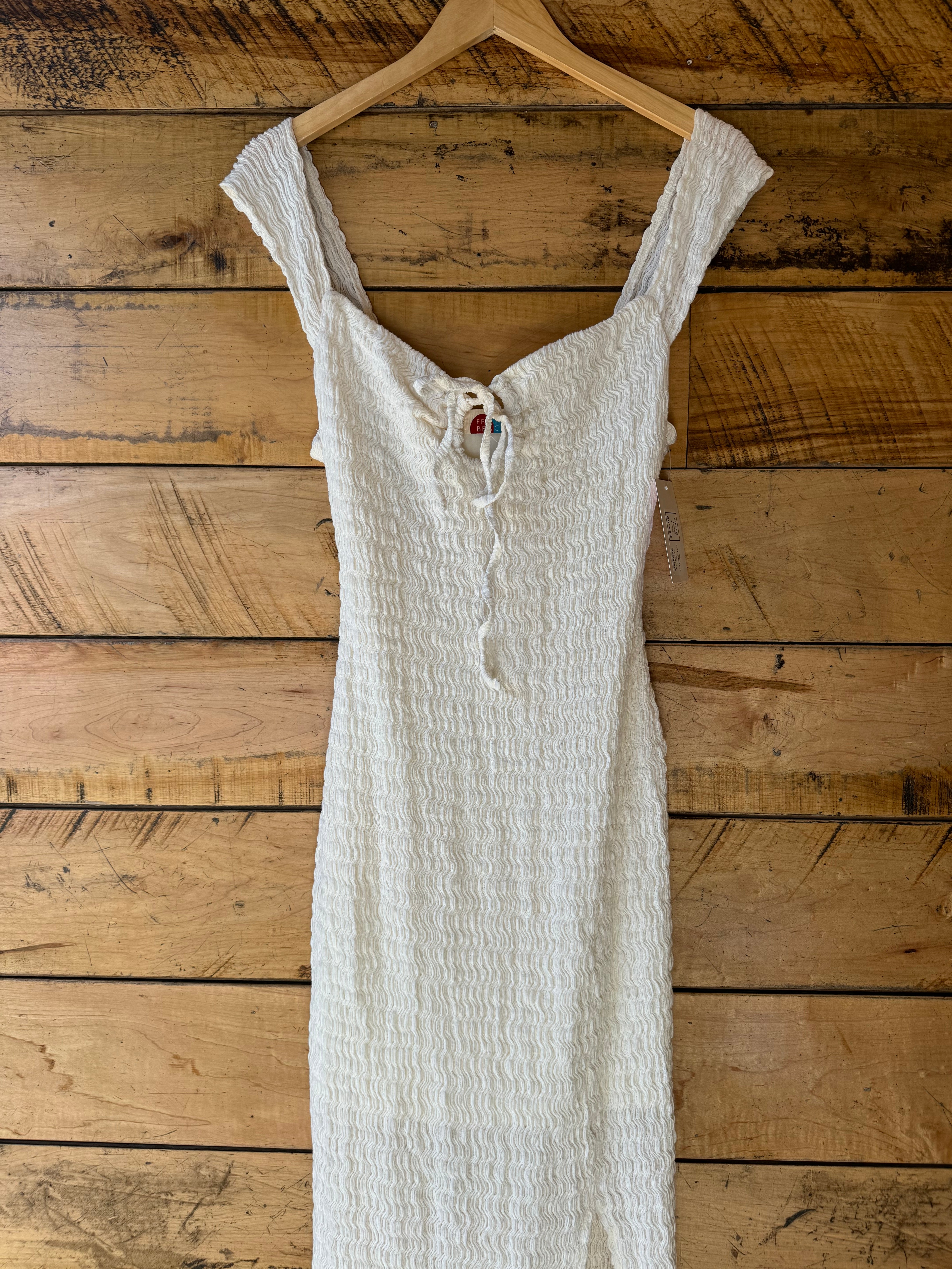 white free people long elastic swirl dress, s