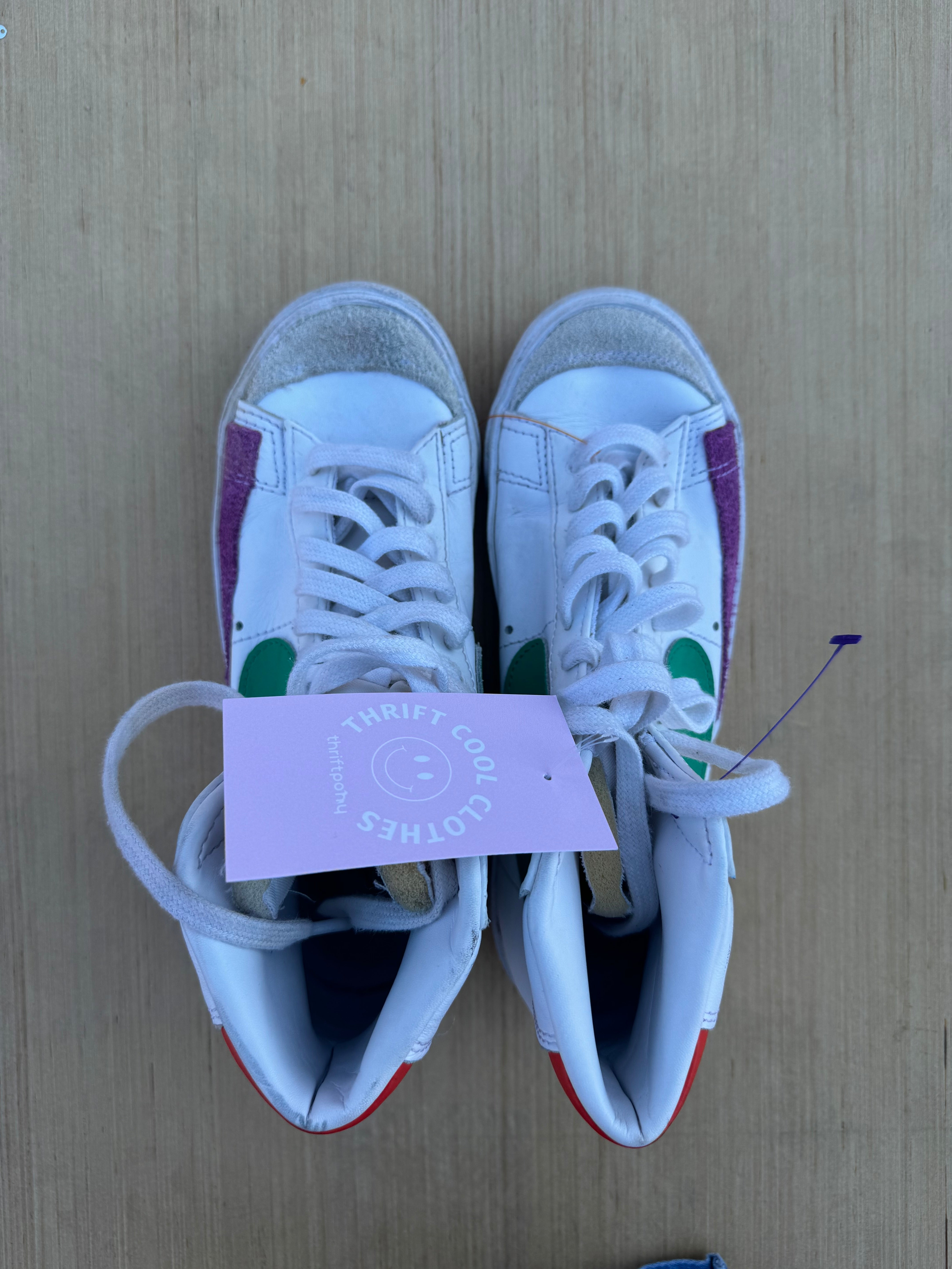 White purple green Nike Blazer high tops, 6.5 womens